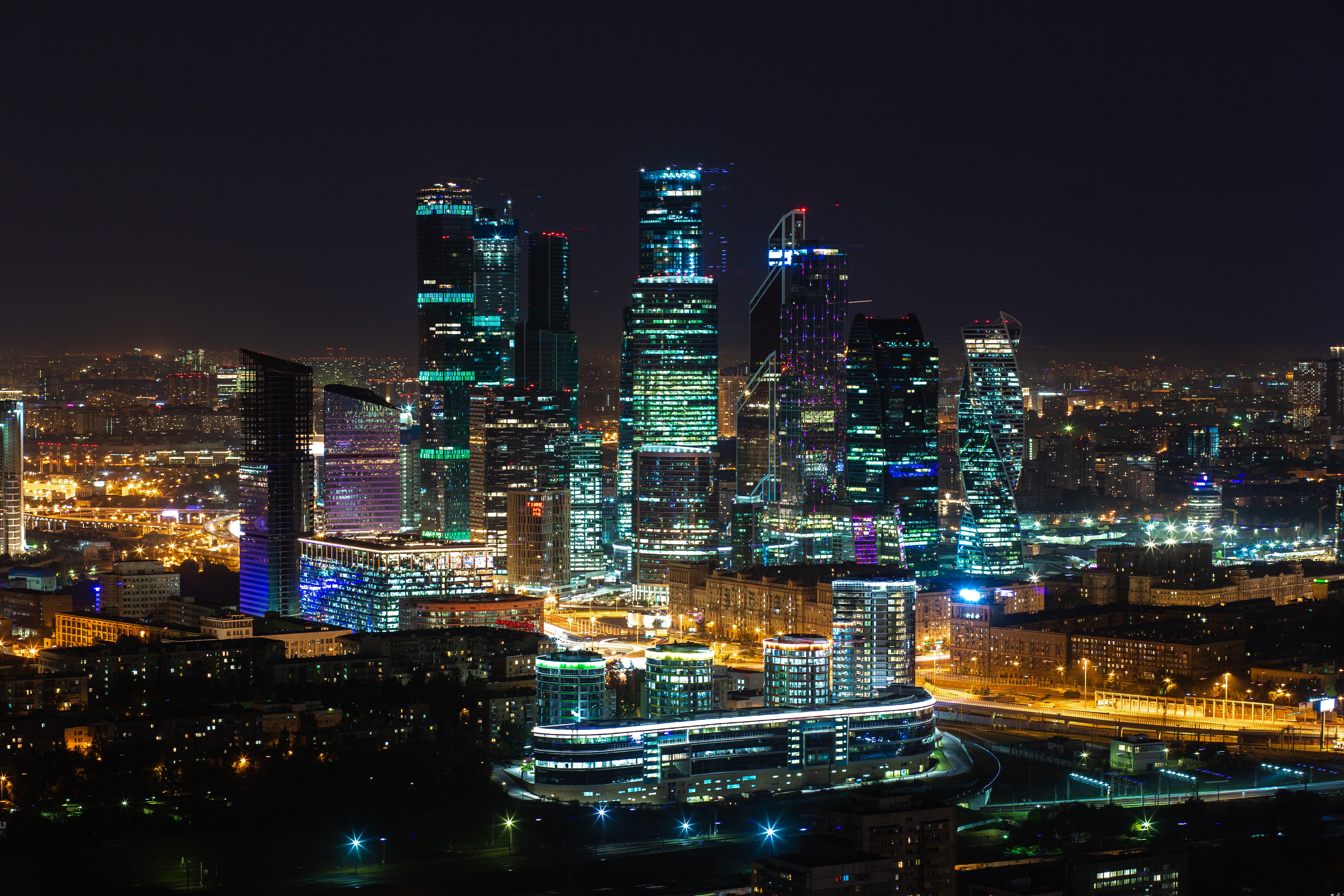 night city, city lights, moscow city, cities, architecture, moskow, skyscrapers, russia