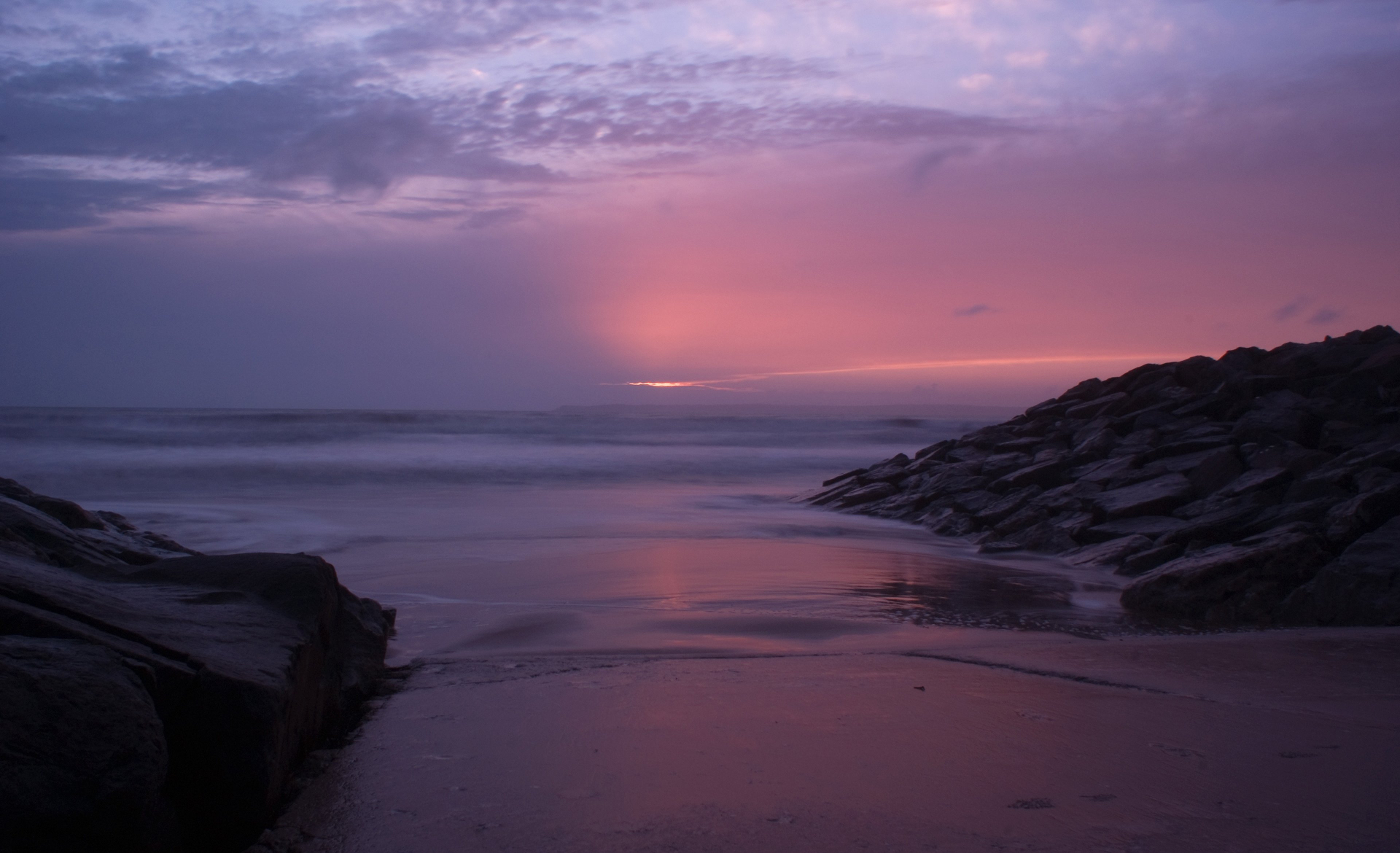 Download mobile wallpaper Sunset, Sea, Beach, Horizon, Ocean, Earth, Purple for free.