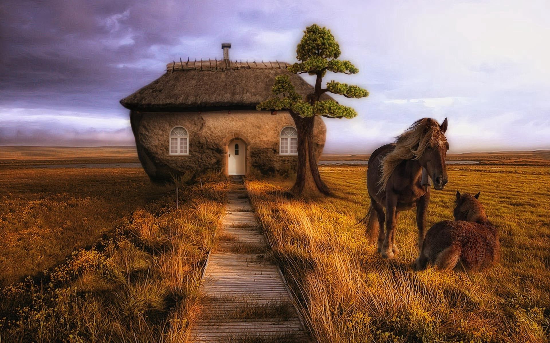 Download mobile wallpaper Grass, Building, Animals, Trees, Pair, Couple, Horses for free.