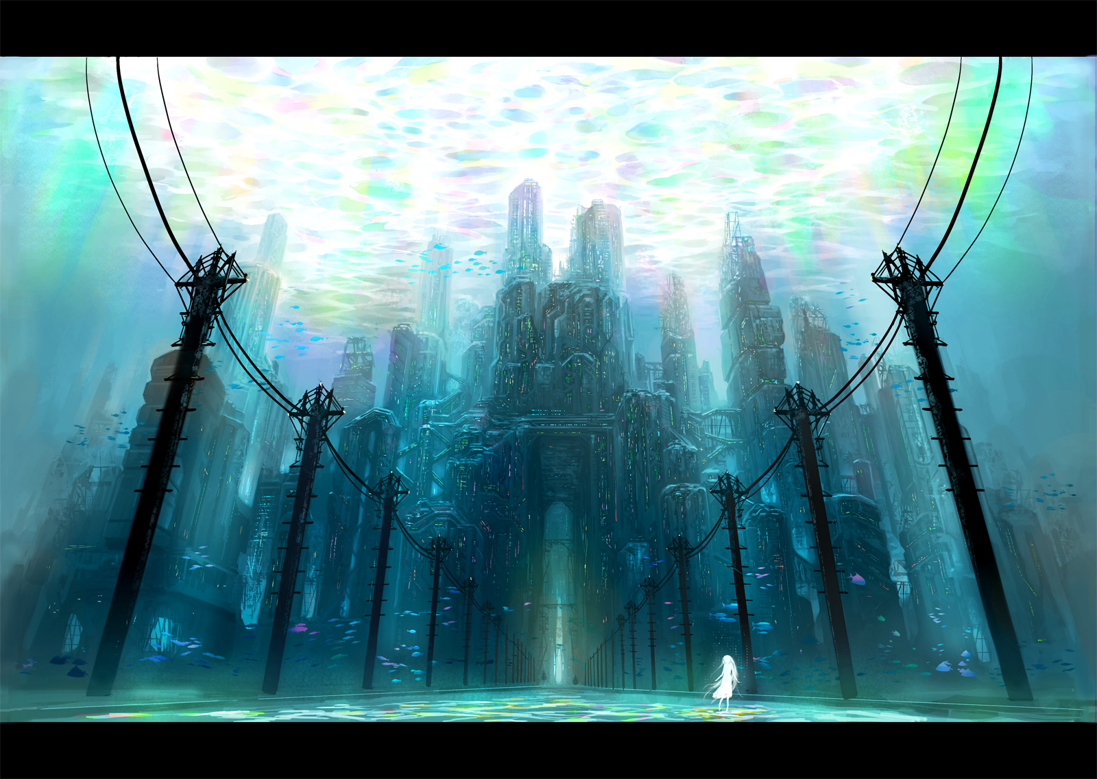 Free download wallpaper Anime, Fantasy, Sea, Building, Light, Town, Original on your PC desktop