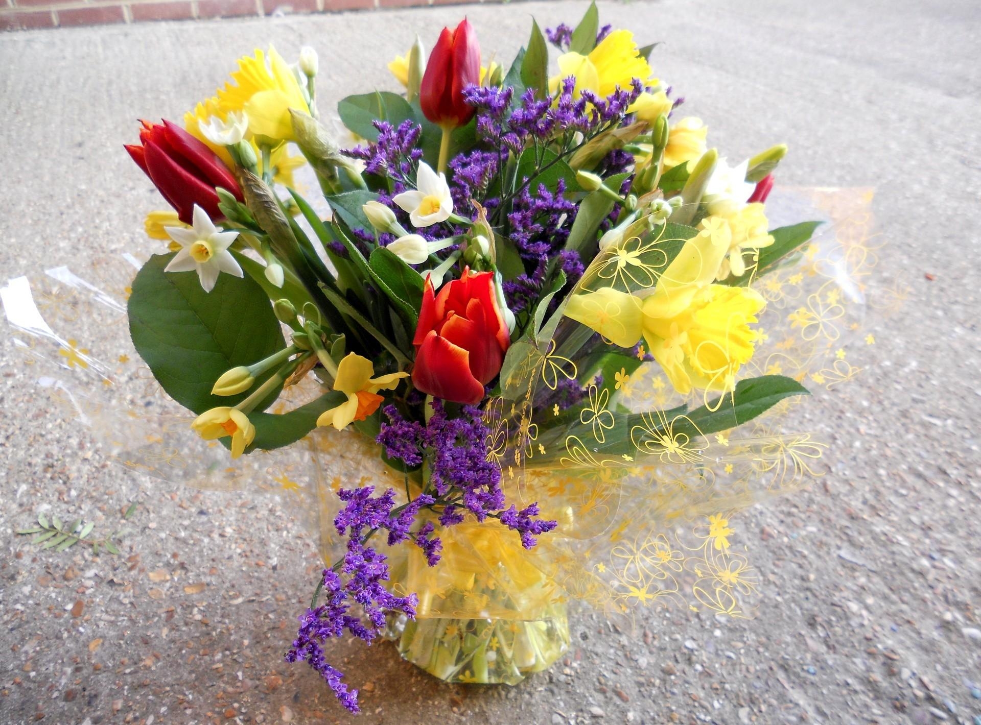 flowers, tulips, narcissussi, asphalt, bouquet, packaging