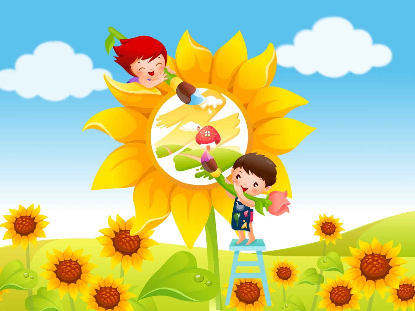 26890 завантажити шпалери діти, соняшники, квіти, малюнки - заставки і картинки безкоштовно