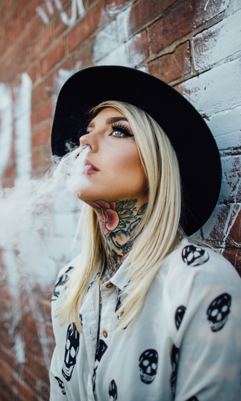 Download mobile wallpaper Smoke, Tattoo, Blonde, Hat, Model, Women for free.