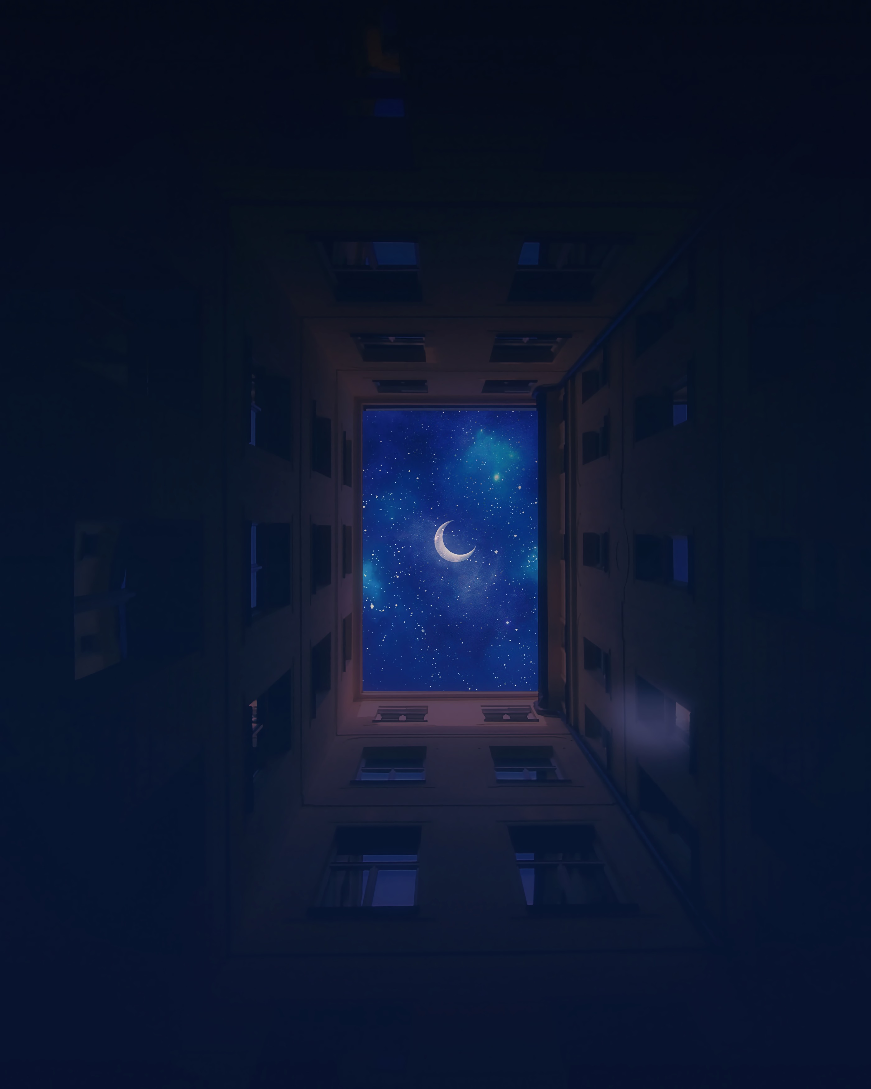 night, bottom view, moon, sky, stars, building, dark mobile wallpaper