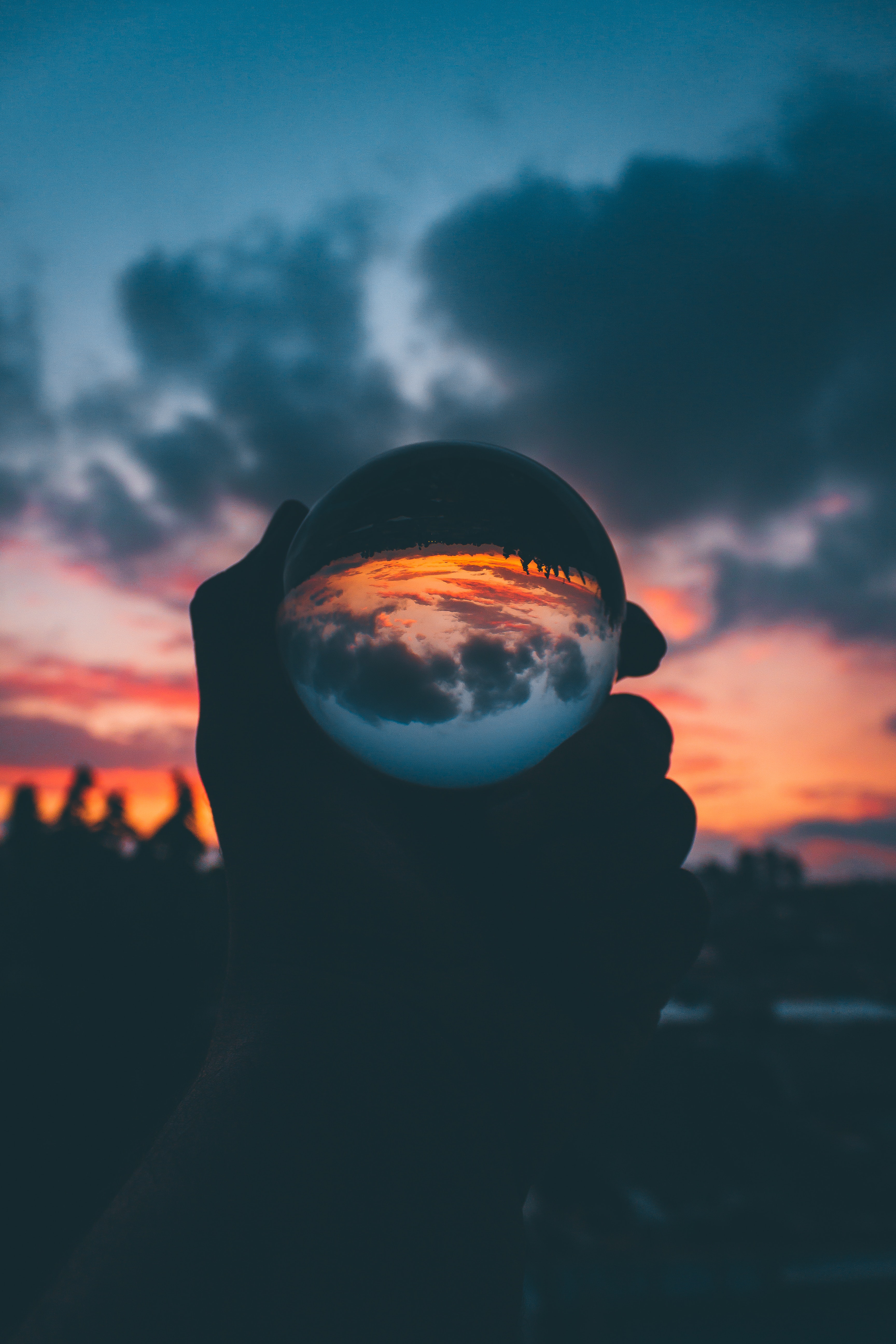 hand, dark, sunset, reflection, glass, ball