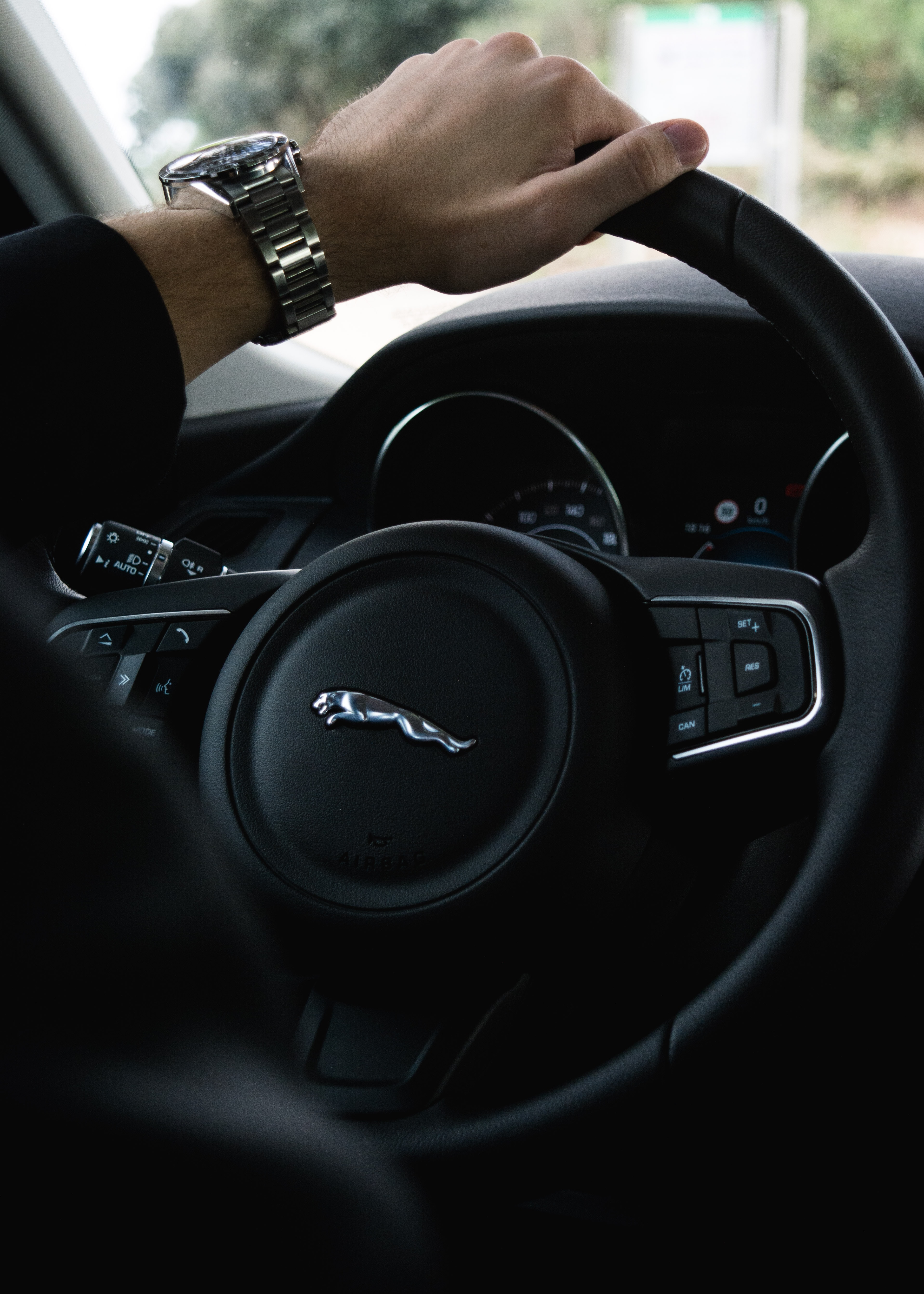 Free download wallpaper Cars, Rudder, Jaguar, Hand, Steering Wheel, Clock on your PC desktop