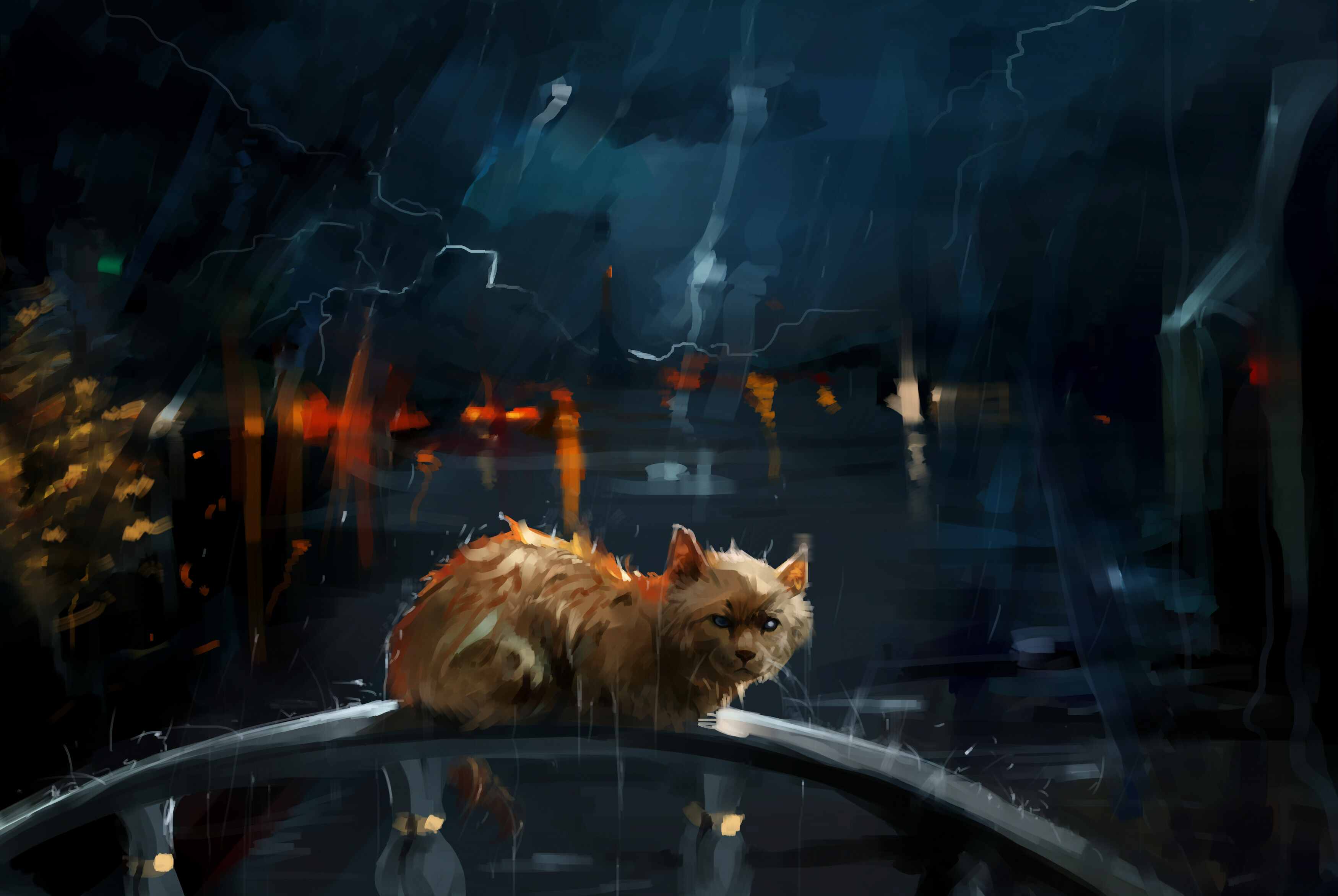 Download mobile wallpaper Rain, Night, Cat, Painting, Storm, Artistic for free.