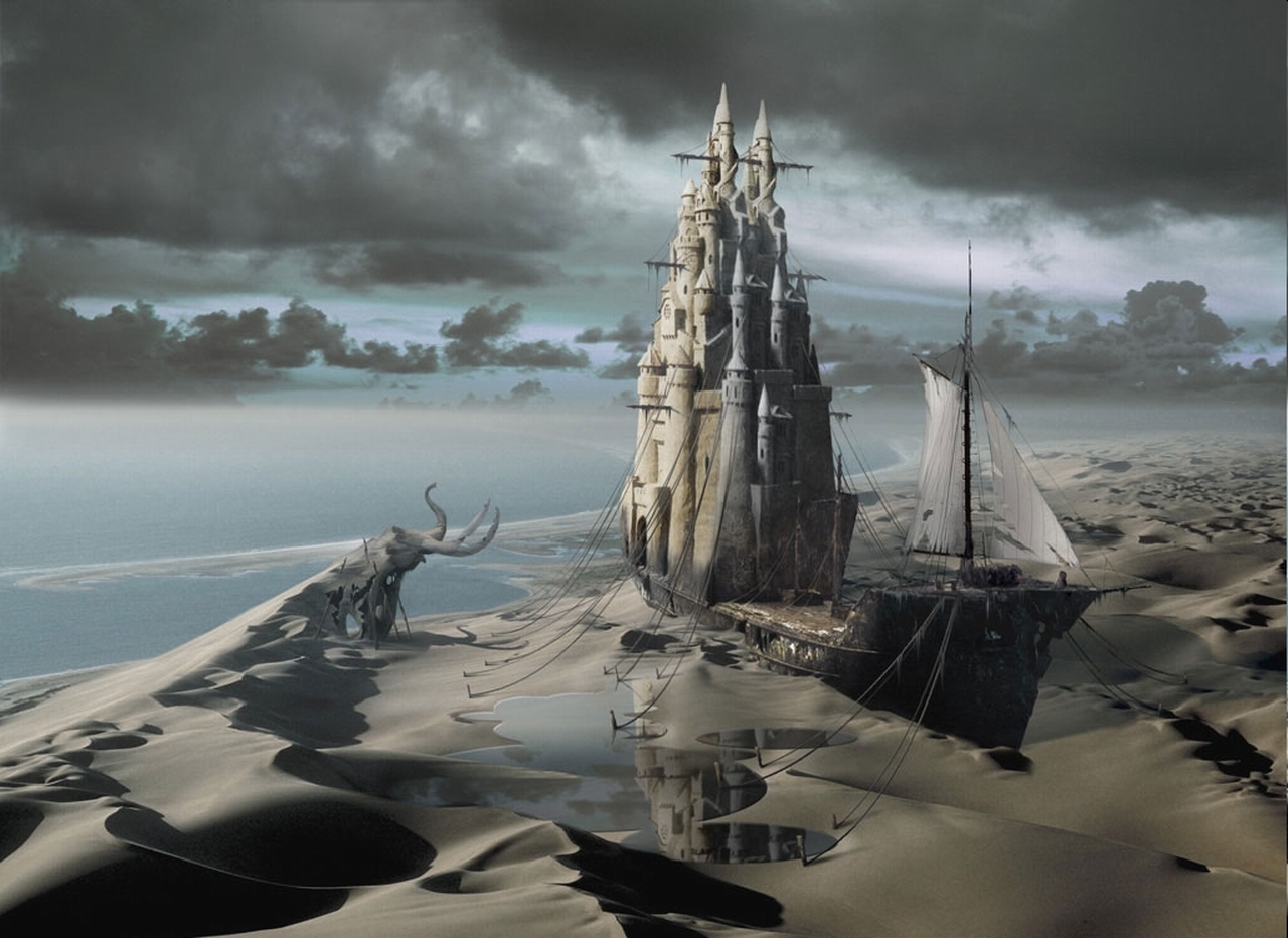 Download mobile wallpaper Fantasy, Sand, Ship, Castle for free.