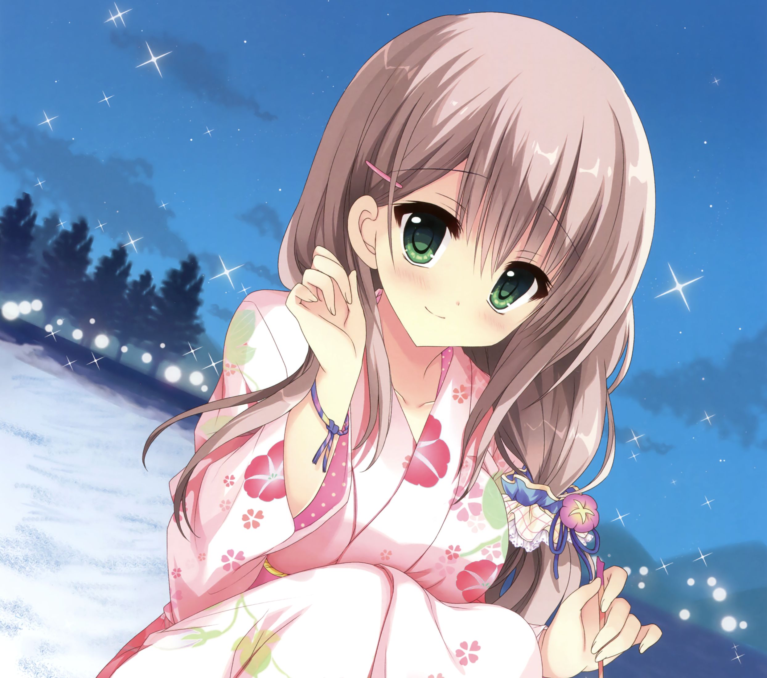 Download mobile wallpaper Anime, Smile, Kimono, Green Eyes, Original, Blush, Long Hair, Brown Hair for free.