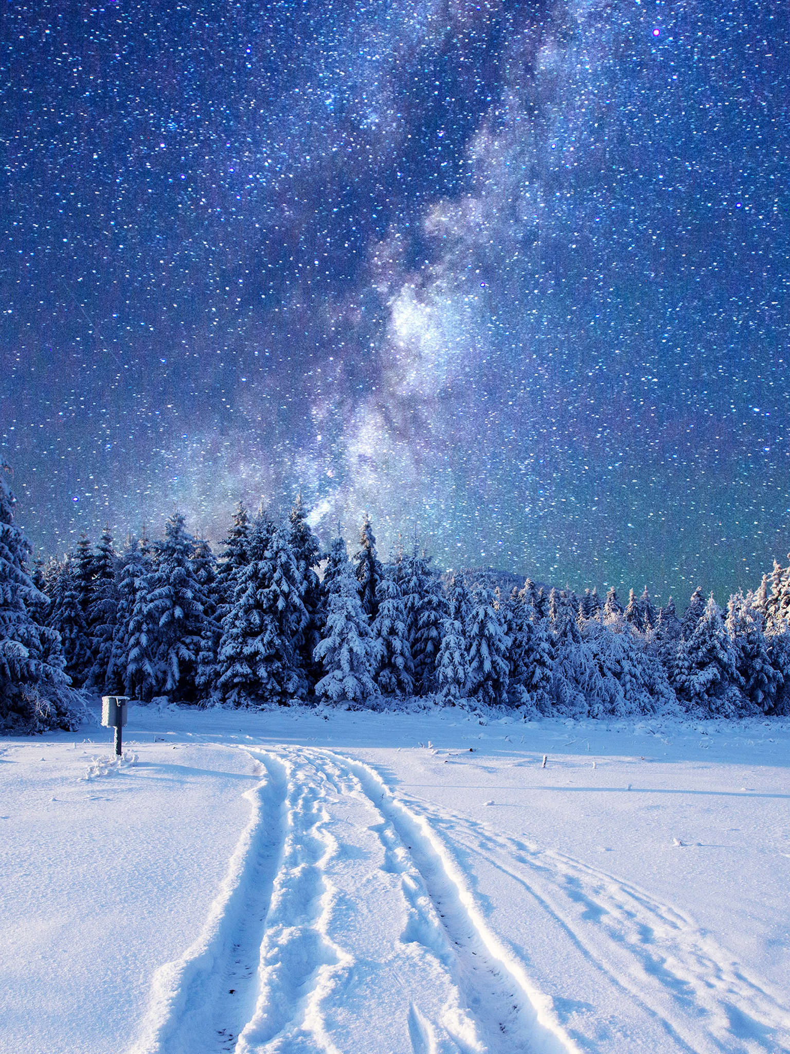 Download mobile wallpaper Winter, Nature, Stars, Night, Road, Forest, Earth for free.