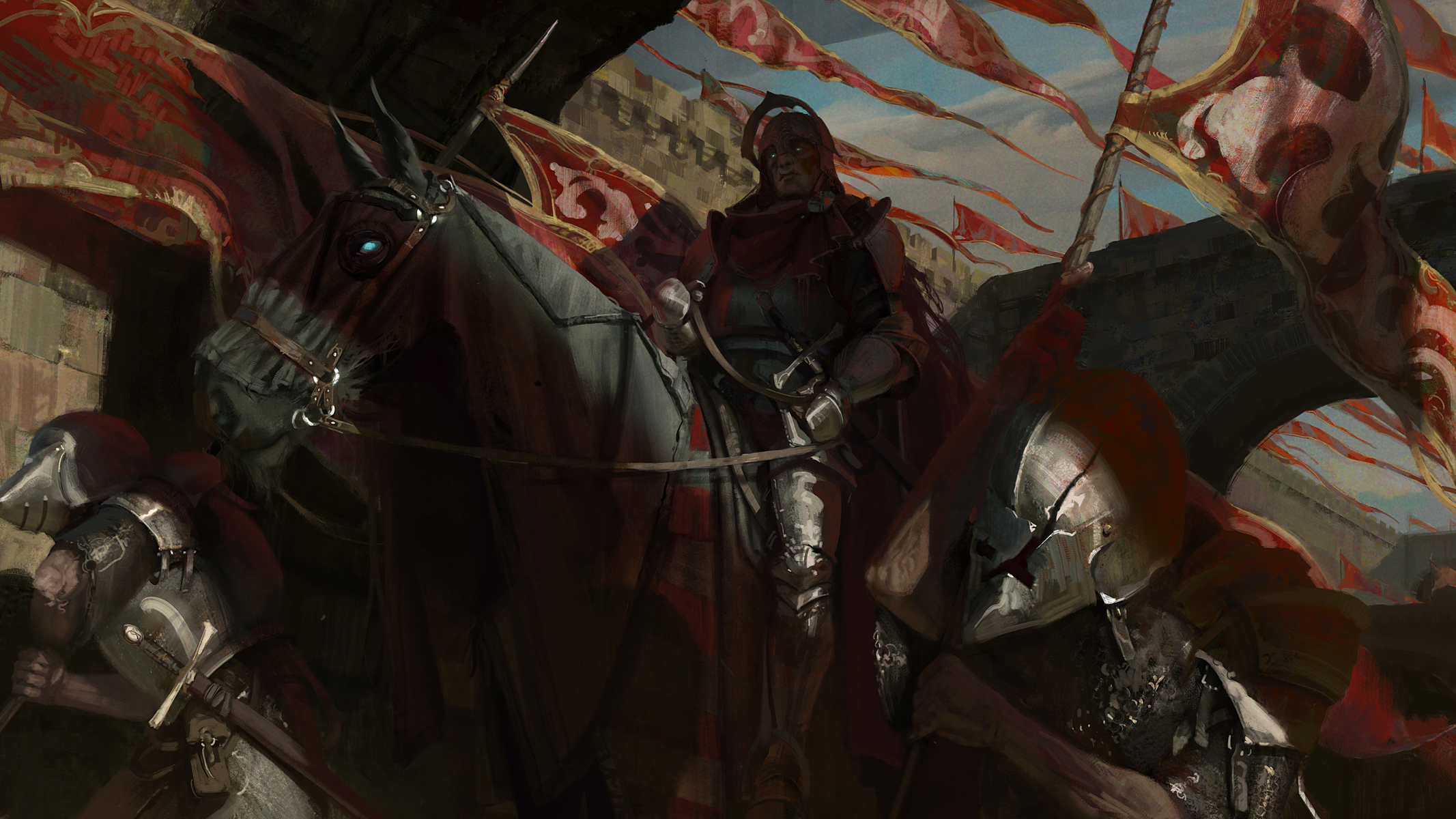 Download mobile wallpaper Dark, Warrior, Horse, Armor, Banner for free.