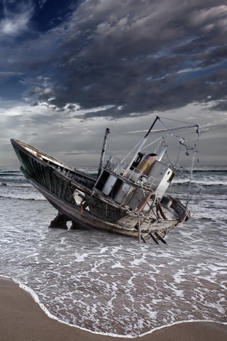 Download mobile wallpaper Beach, Ocean, Boat, Cloud, Vehicles, Shipwreck for free.