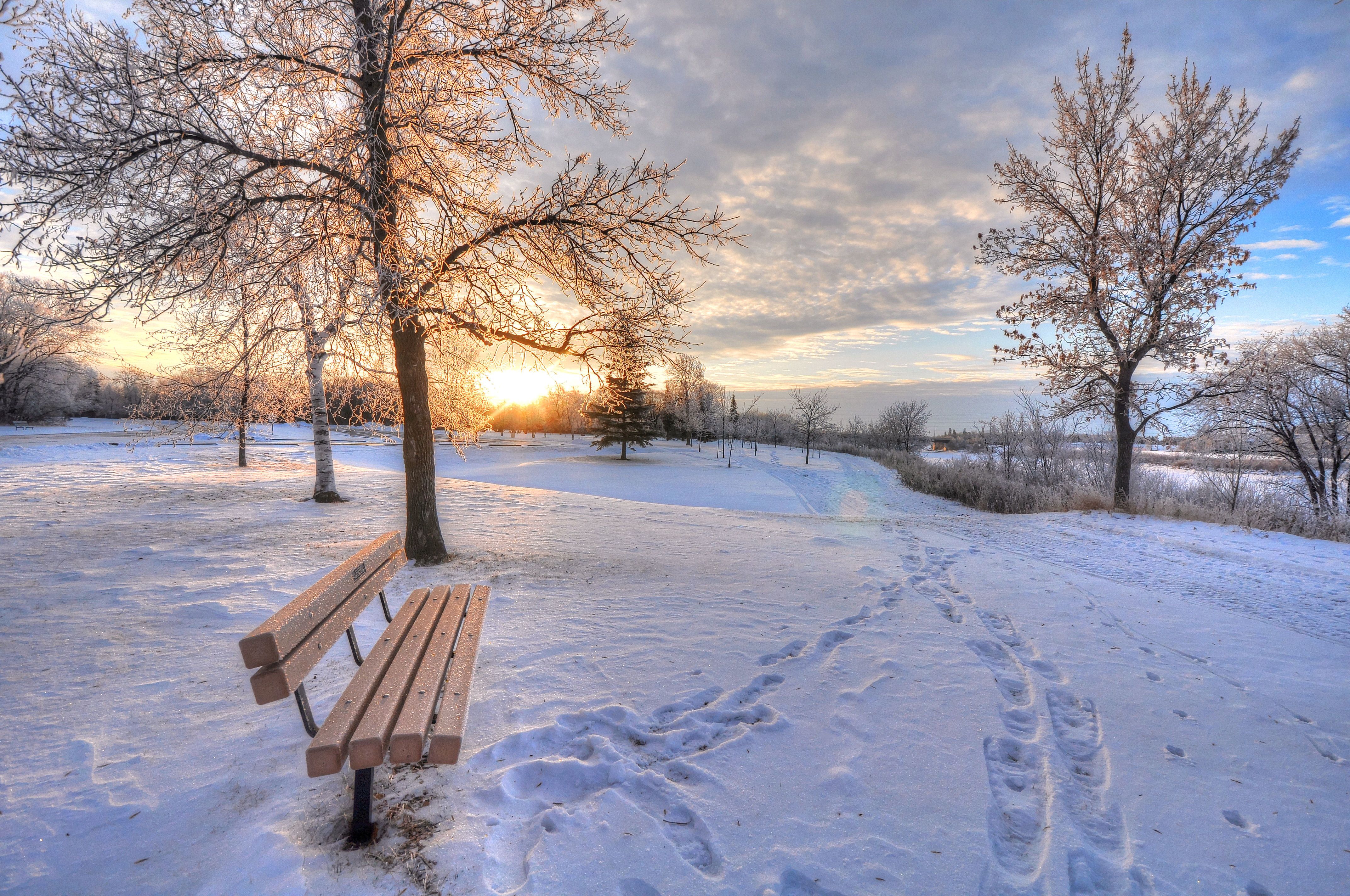 snow, winter, bench, nature, dawn, traces Full HD