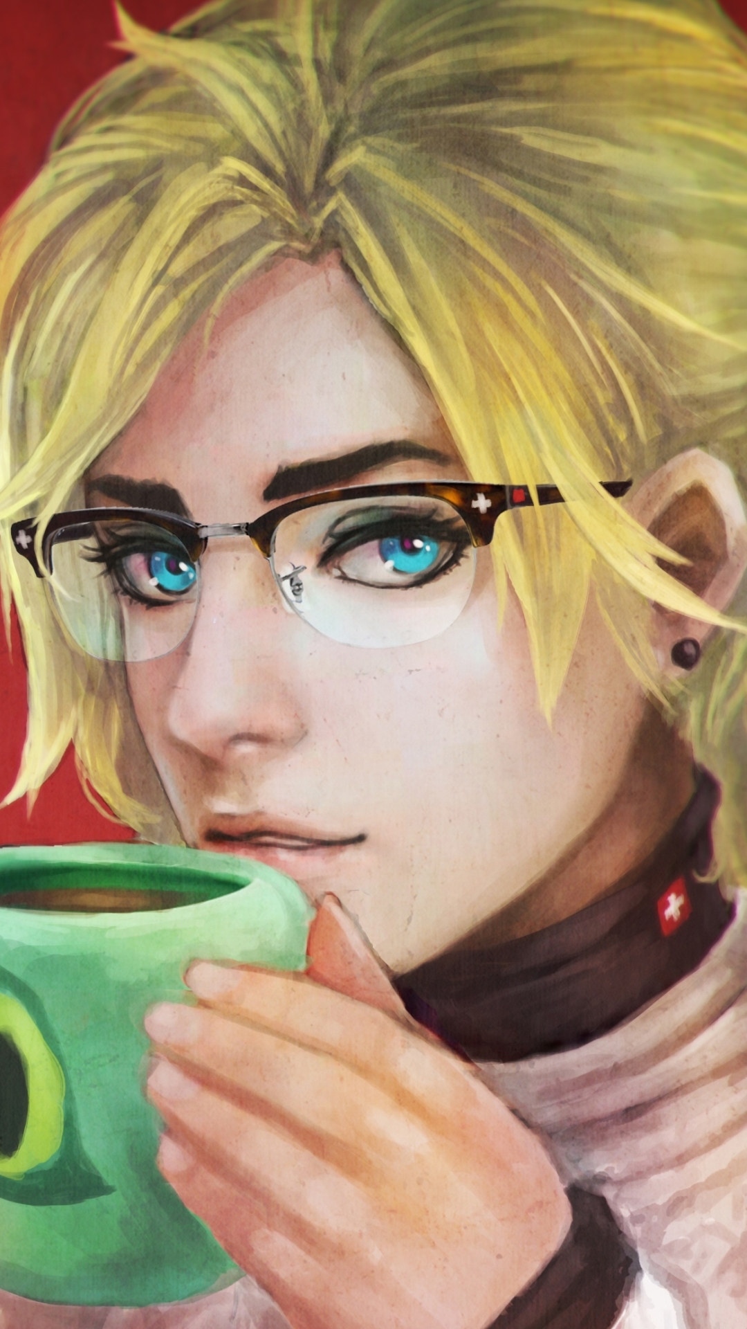 Download mobile wallpaper Coffee, Blonde, Glasses, Face, Blue Eyes, Overwatch, Video Game, Mercy (Overwatch) for free.