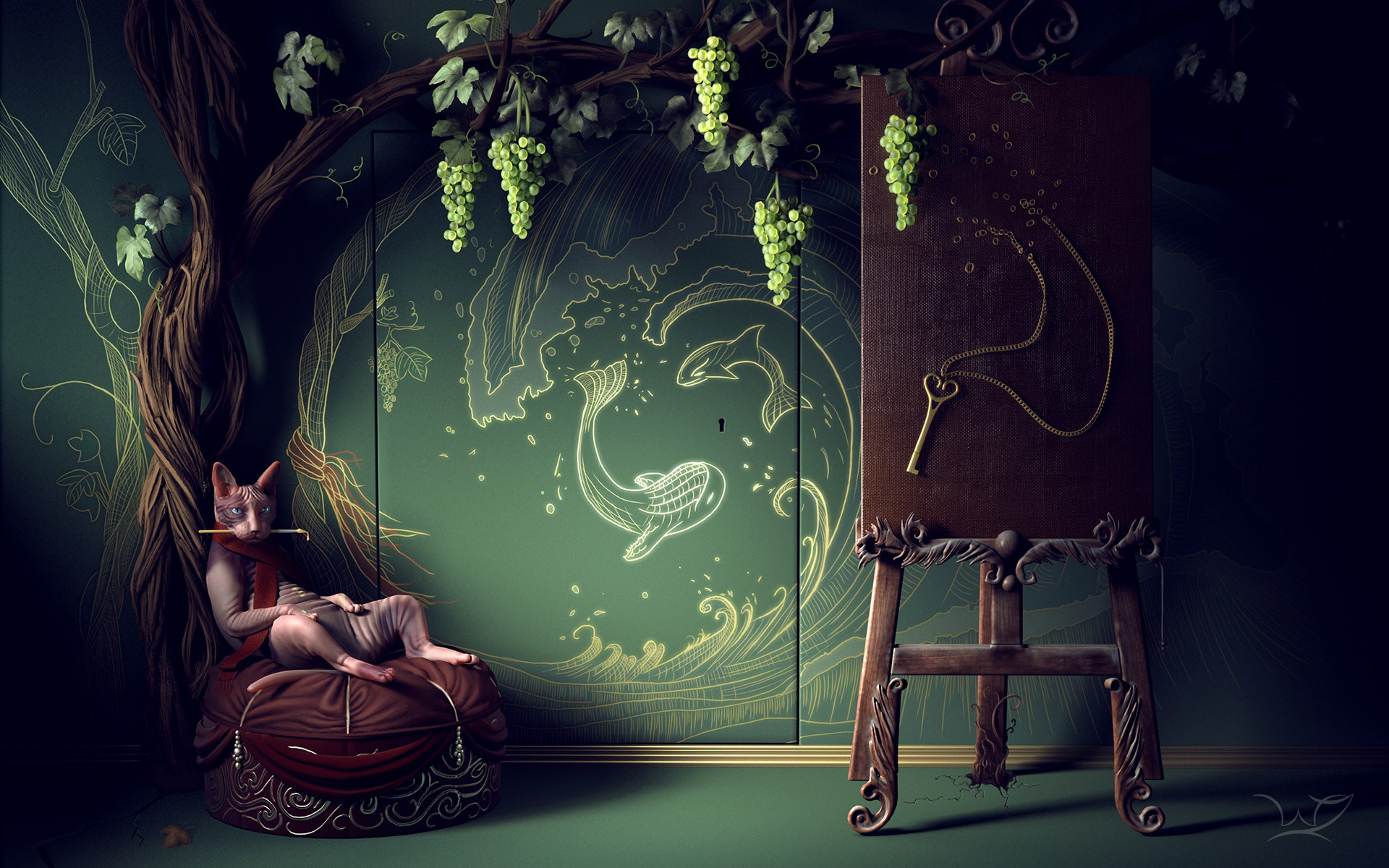 Download mobile wallpaper Grapes, Fantasy Animals, Cat, Fantasy for free.