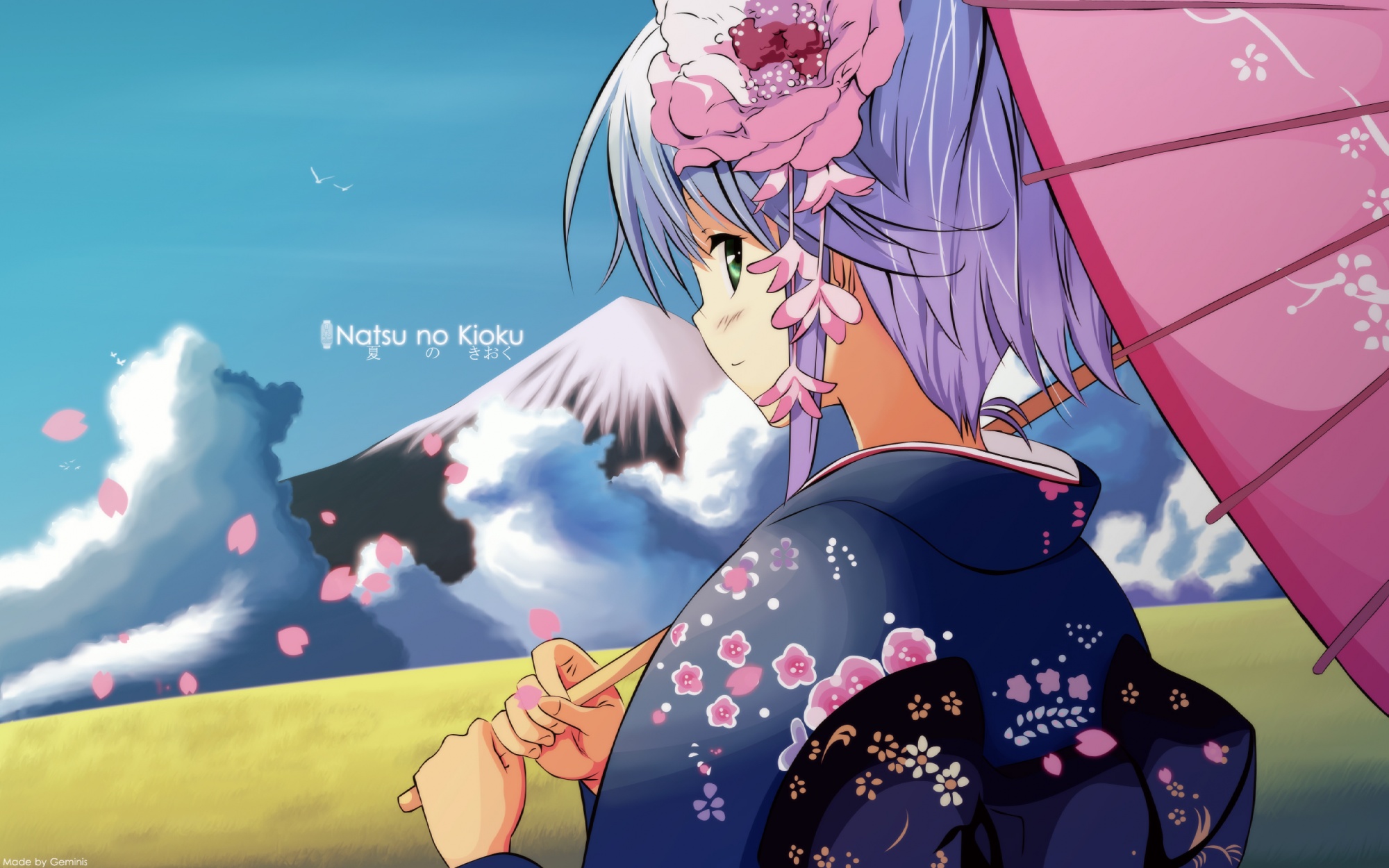 Download mobile wallpaper Anime, Flower, Kimono, Cherry Blossom, Original, Blush, Short Hair, Purple Hair for free.