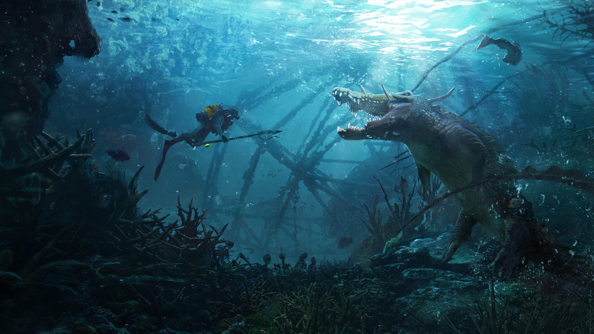 Download mobile wallpaper Fantasy, Underwater, Crocodile, Sea Monster for free.