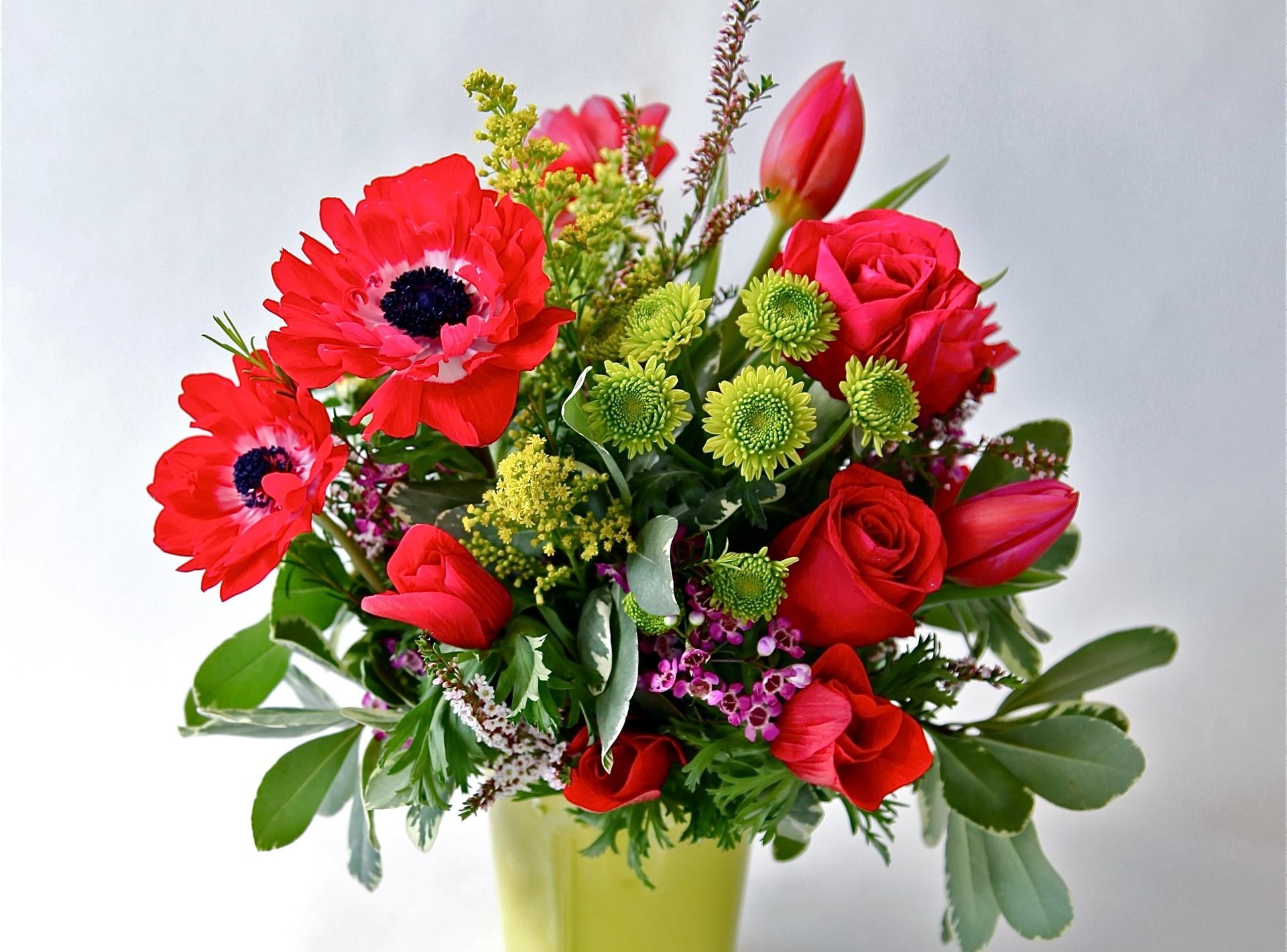 Free download wallpaper Flowers, Roses, Tulips, Chrysanthemum, Bouquet, Vase on your PC desktop