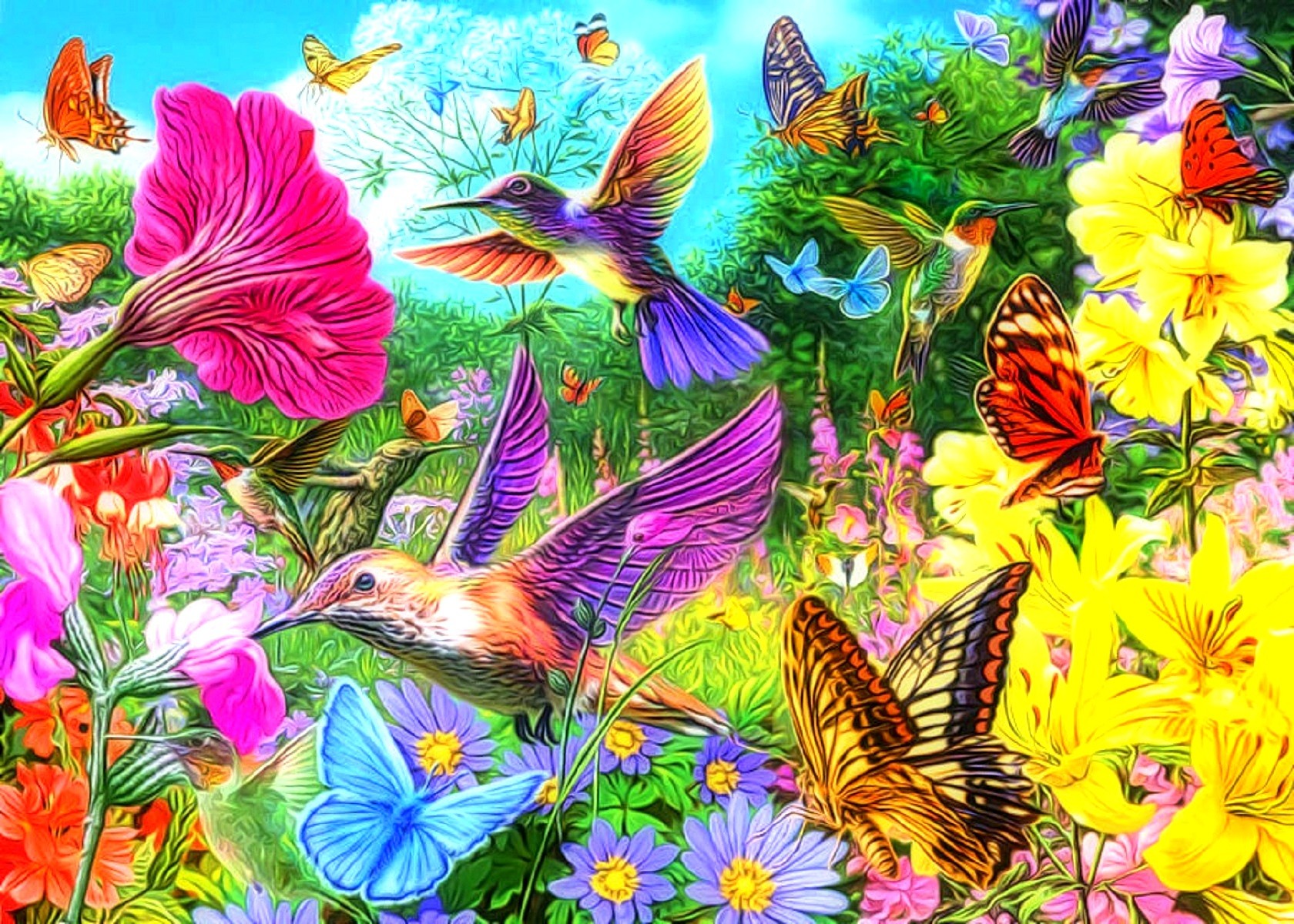 Handy-Wallpaper Schmetterlinge, Blume, Vogel, Farben, Bunt, Frühling, Künstlerisch, Kollage kostenlos herunterladen.