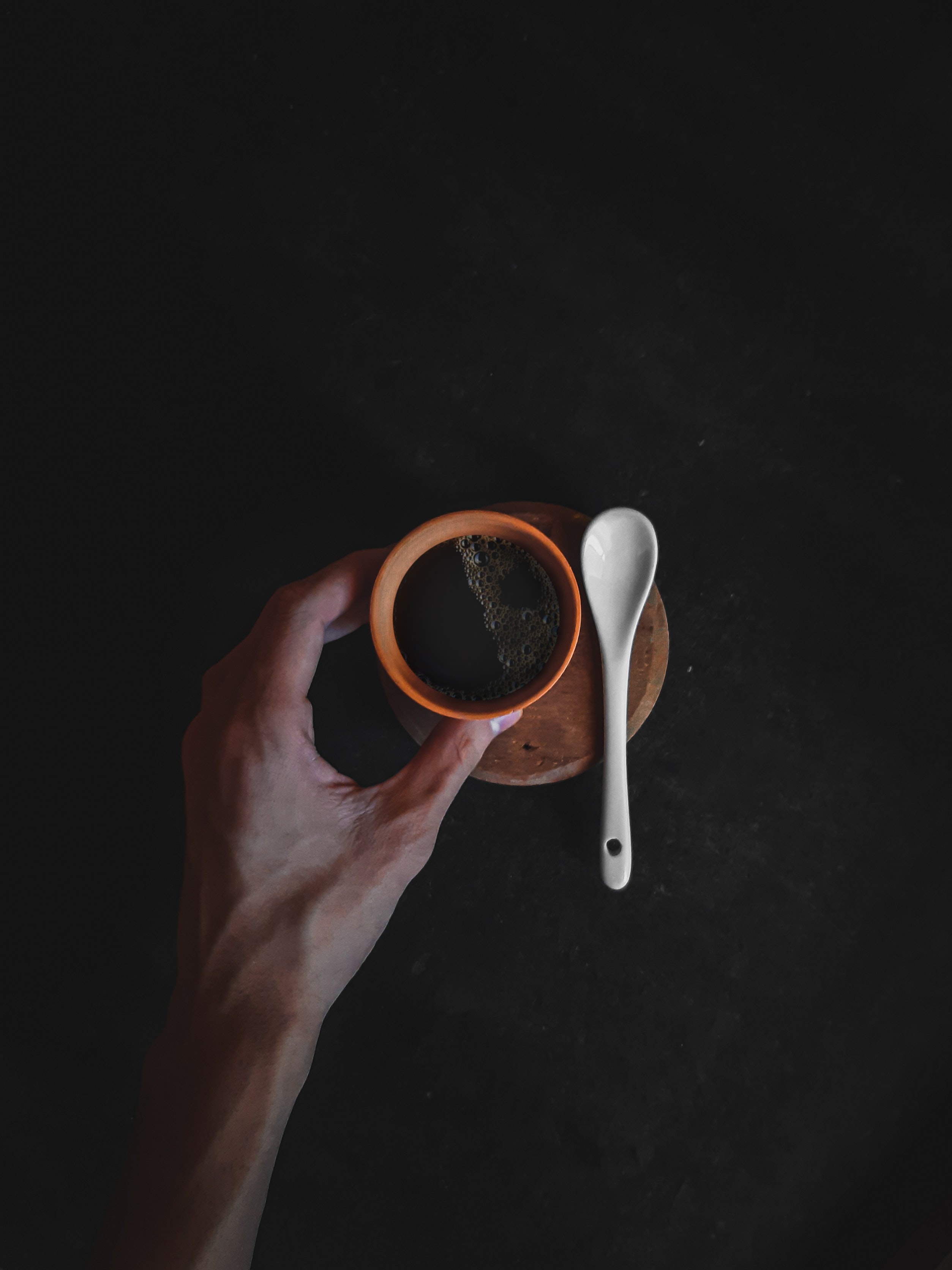 Download mobile wallpaper Spoon, Coffee, Food, Cup, Hand, Dark for free.