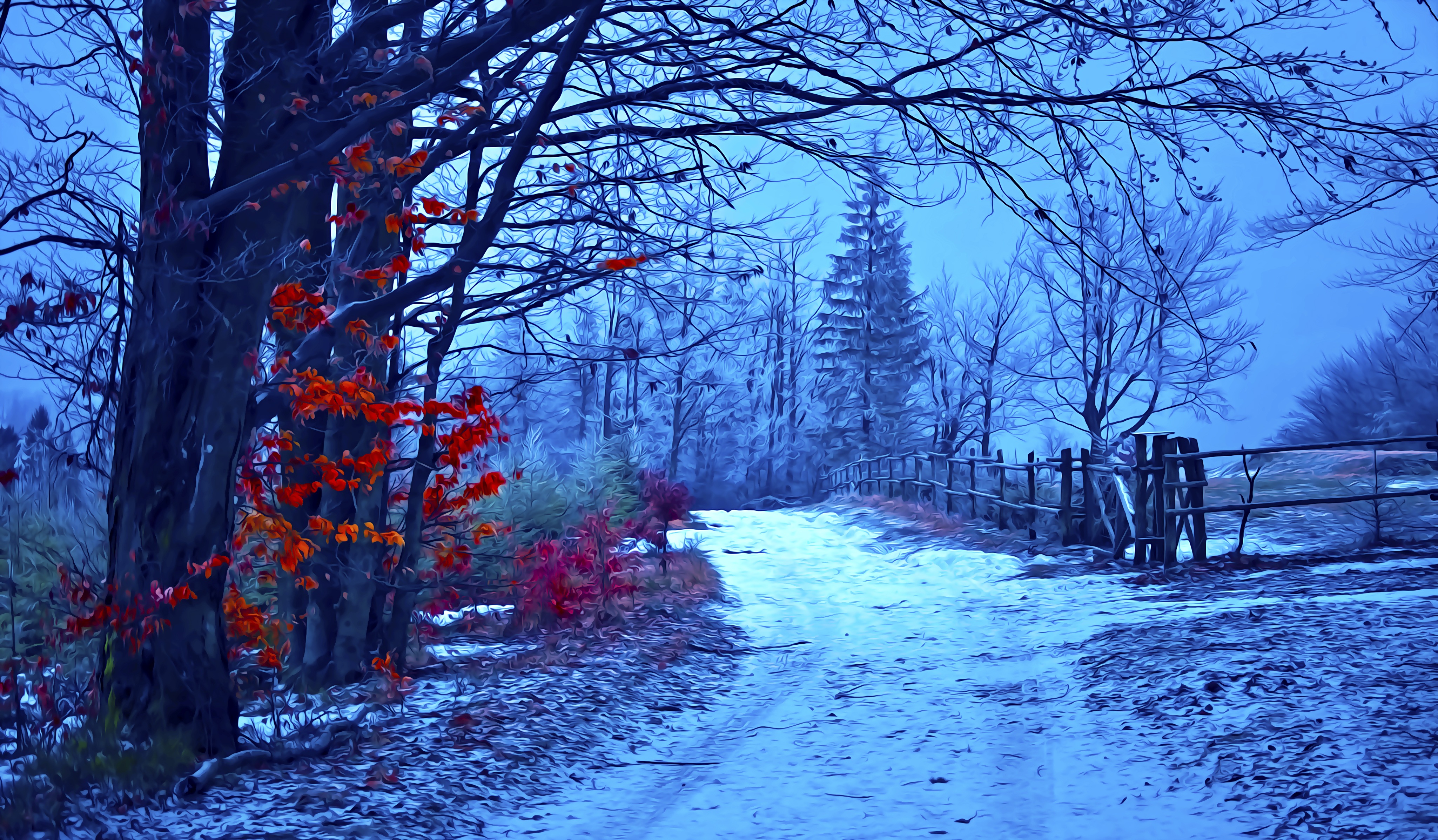 Download mobile wallpaper Winter, Snow, Tree, Path, Fence, Artistic, Oil Painting for free.