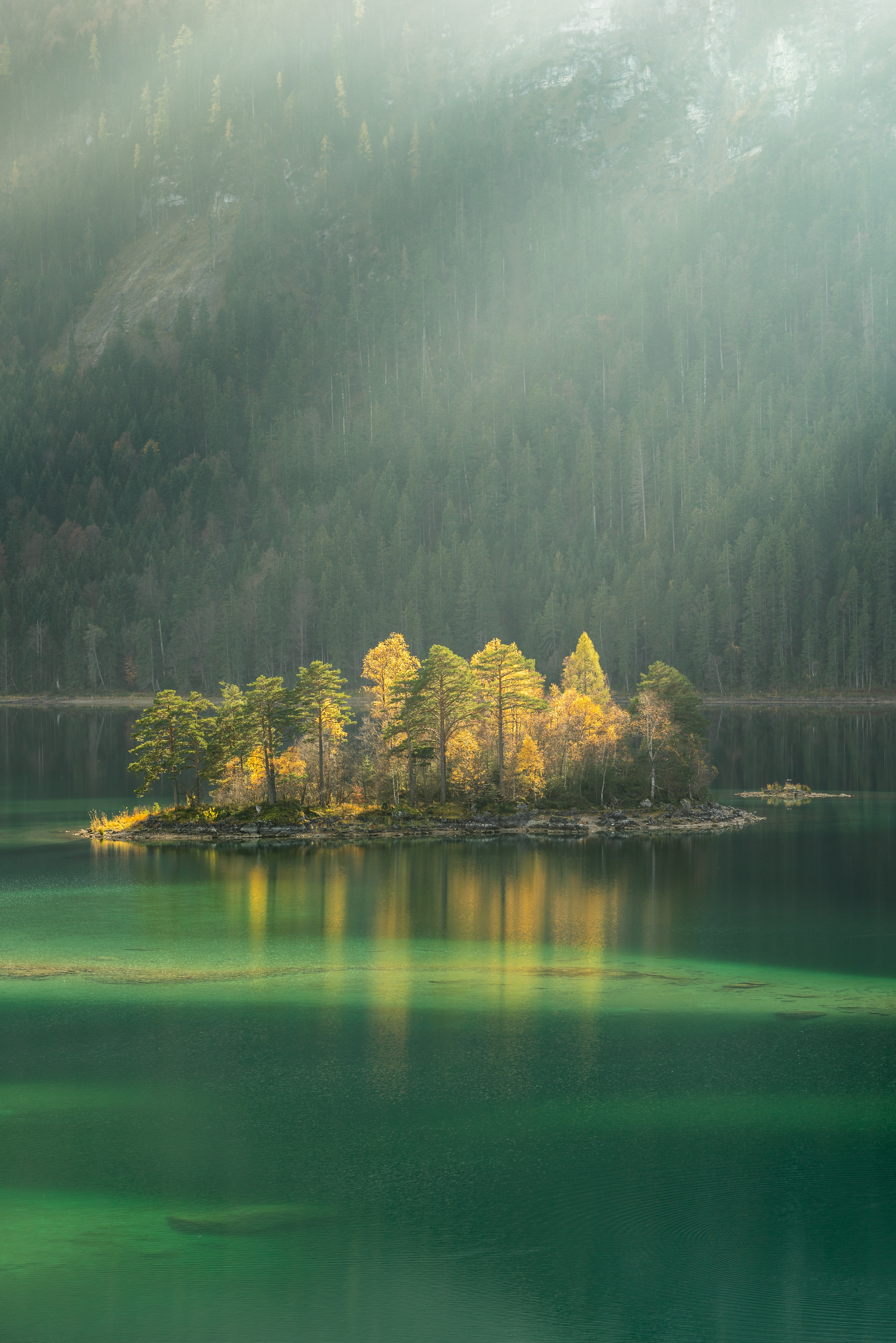 Free download wallpaper Trees, Lake, Fog, Nature, Island on your PC desktop