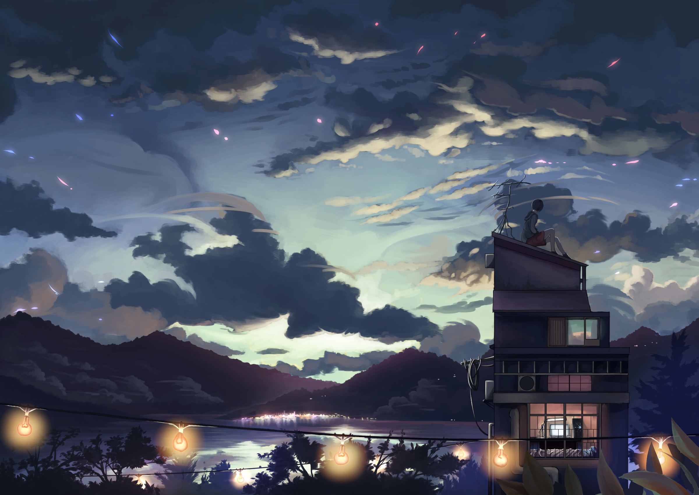 Download mobile wallpaper Anime, Sky, Lake, House, Cloud for free.