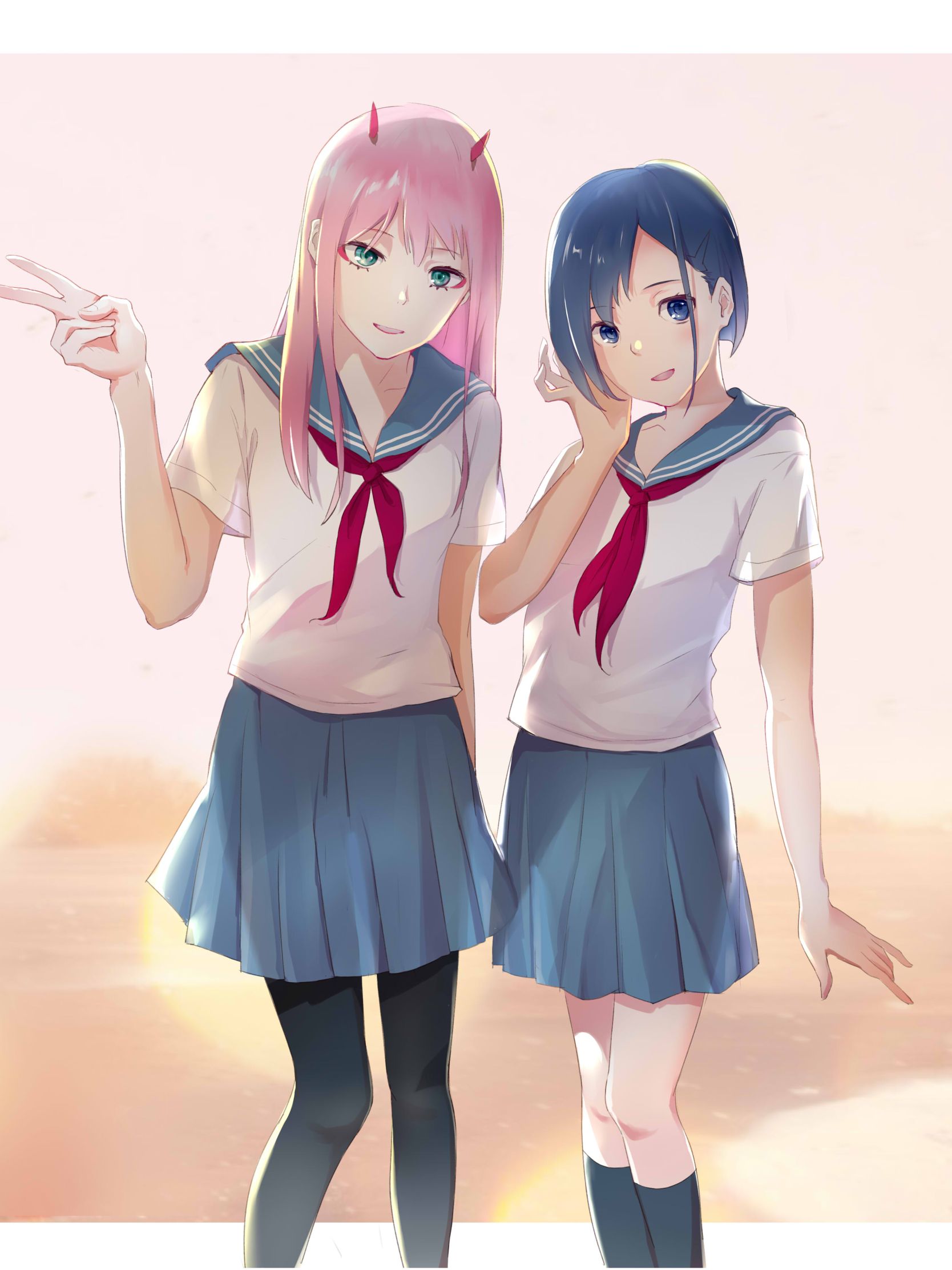 Descarga gratuita de fondo de pantalla para móvil de Ojos Azules, Falda, Ojos Verdes, Animado, Cabello Rosado, Pelo Largo, Pelo Azul, Uniforme Escolar, Cabello Corto, Darling In The Franxx, Zero Two (Darling En El Franxx), Ichigo (Cariño En El Franxx), Cero Dos (Darling In The Franxx), Ichigo (Darling In The Franxx).