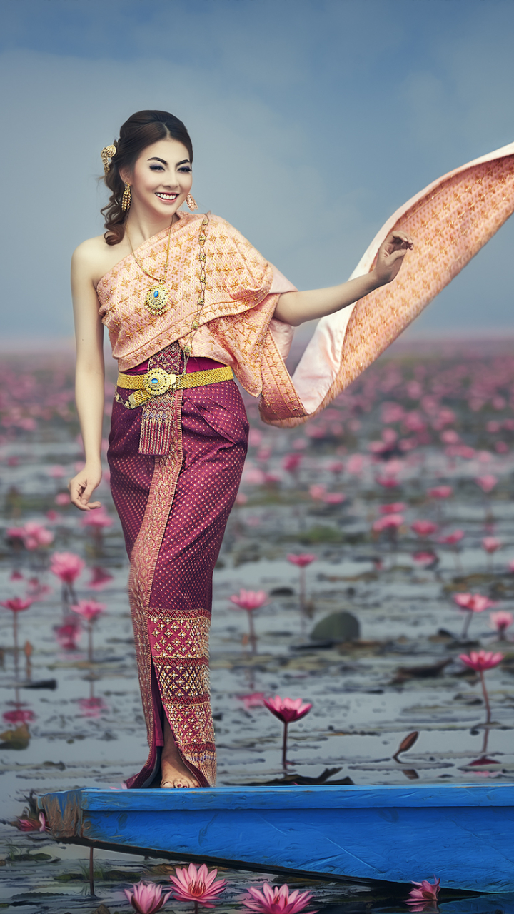 Download mobile wallpaper Flower, Boat, Photography, Oriental, Asian, National Dress, Thai for free.