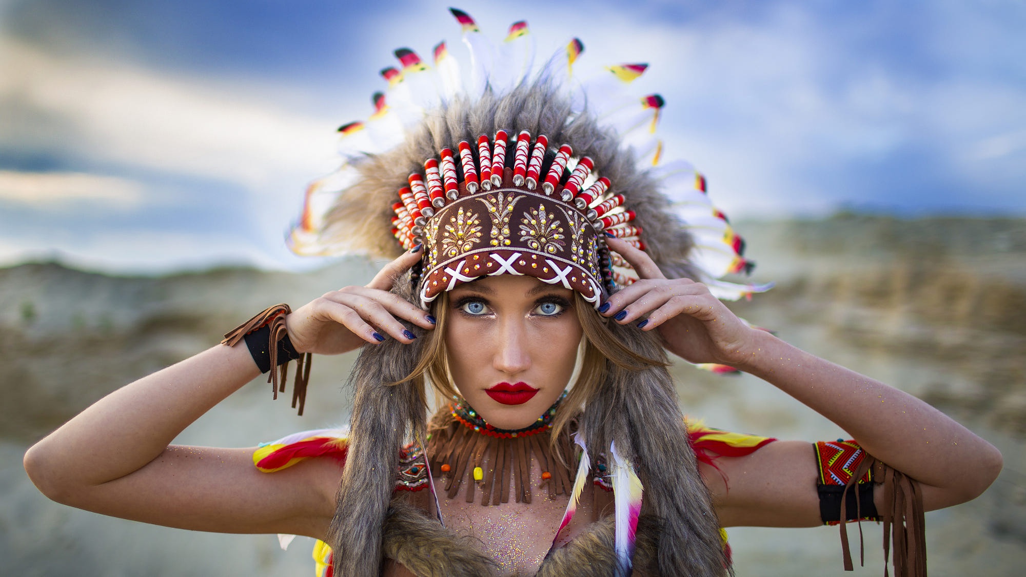 Free download wallpaper Feather, Portrait, Face, Model, Women, Lipstick, Native American on your PC desktop