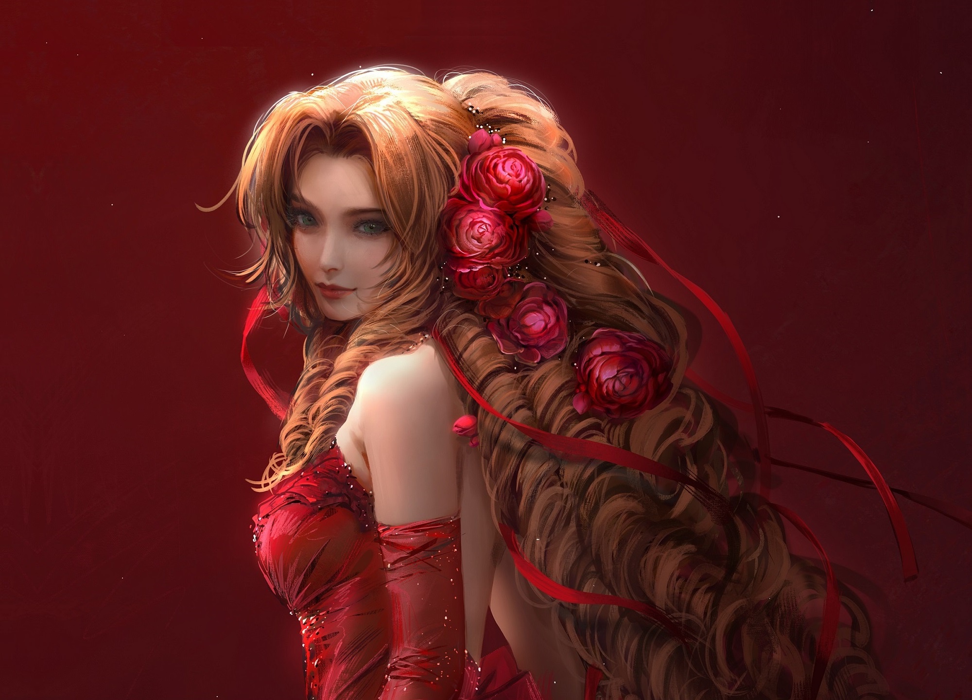 Download mobile wallpaper Final Fantasy, Video Game, Long Hair, Final Fantasy Vii, Aerith Gainsborough, Red Dress for free.