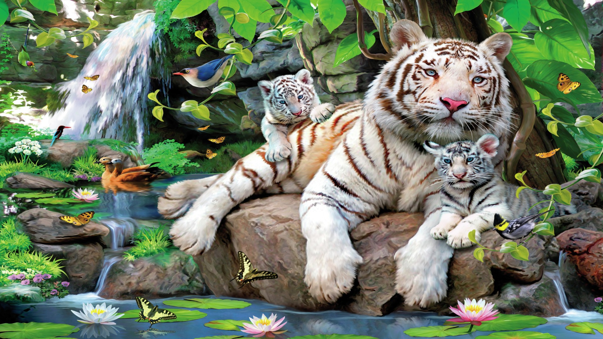 378557 descargar fondo de pantalla animales, tigre blanco, ave, mariposa, cachorro, hoja, estanque, tigre, árbol, nenúfar, gatos: protectores de pantalla e imágenes gratis