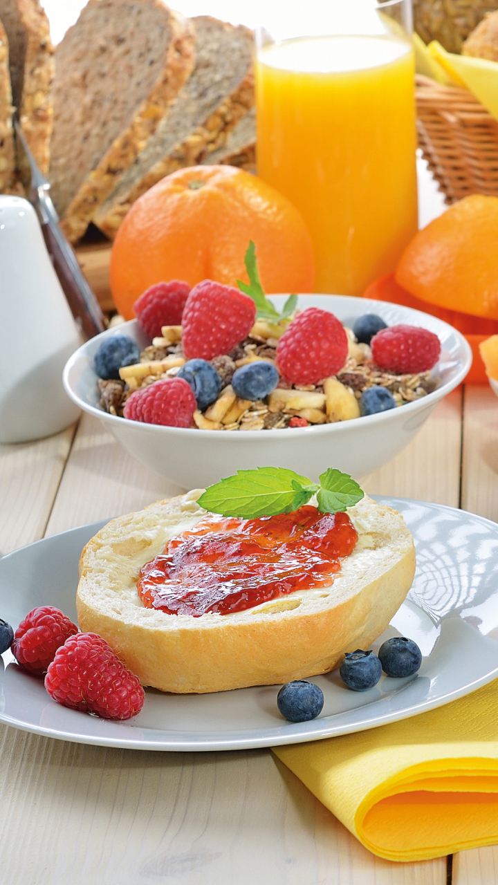 Download mobile wallpaper Food, Blueberry, Raspberry, Still Life, Fruit, Muesli, Breakfast, Orange (Fruit) for free.