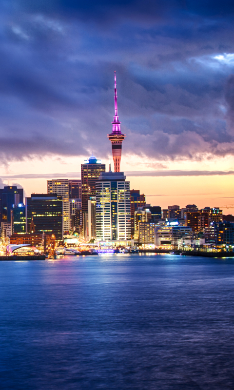 Download mobile wallpaper Cities, Night, City, Skyscraper, Building, New Zealand, Light, Cloud, Auckland, Man Made for free.