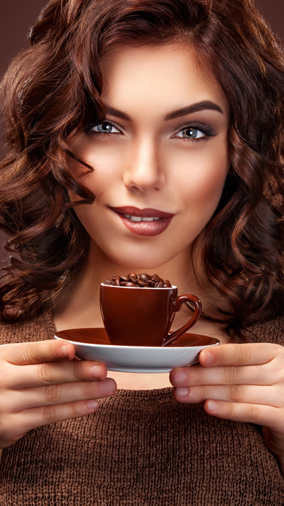 Download mobile wallpaper Cup, Smile, Coffee Beans, Brunette, Model, Women, Blue Eyes, Lipstick for free.