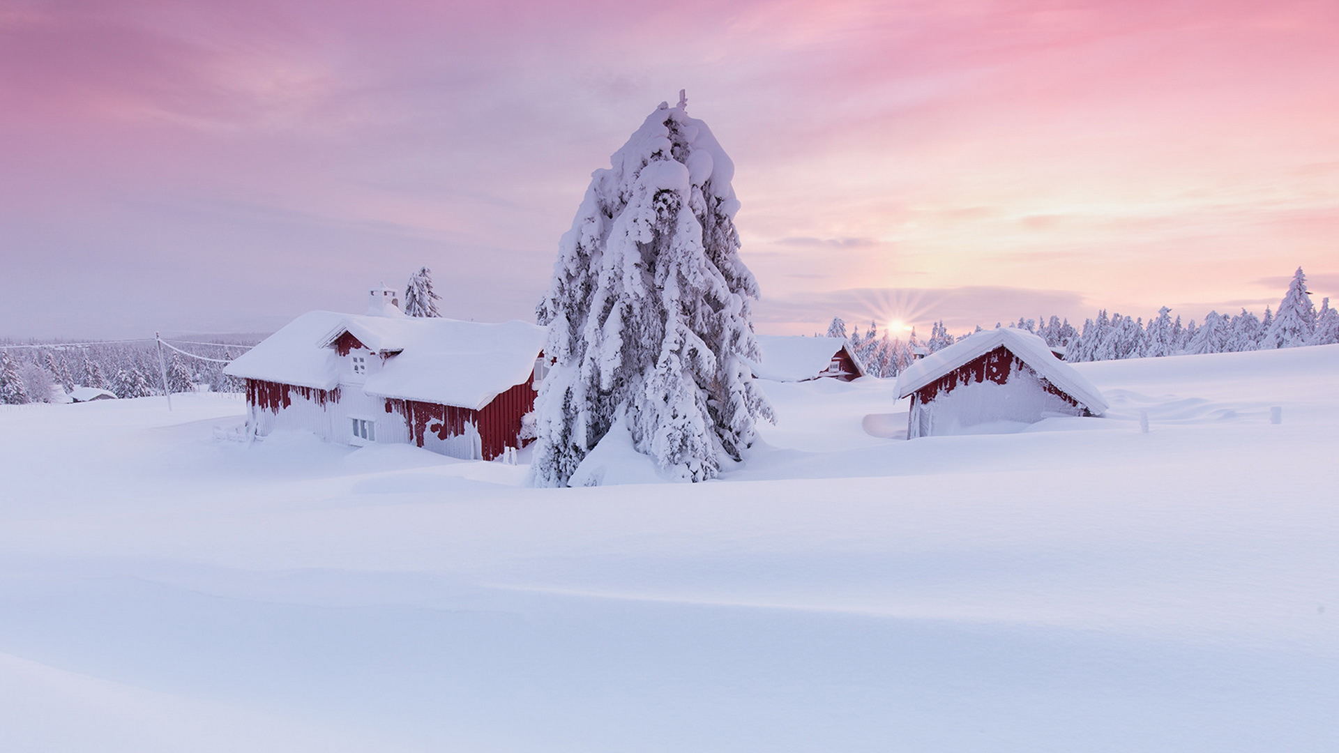 PCデスクトップに冬, 木, 日没, 雪, キャビン, マンメイド画像を無料でダウンロード