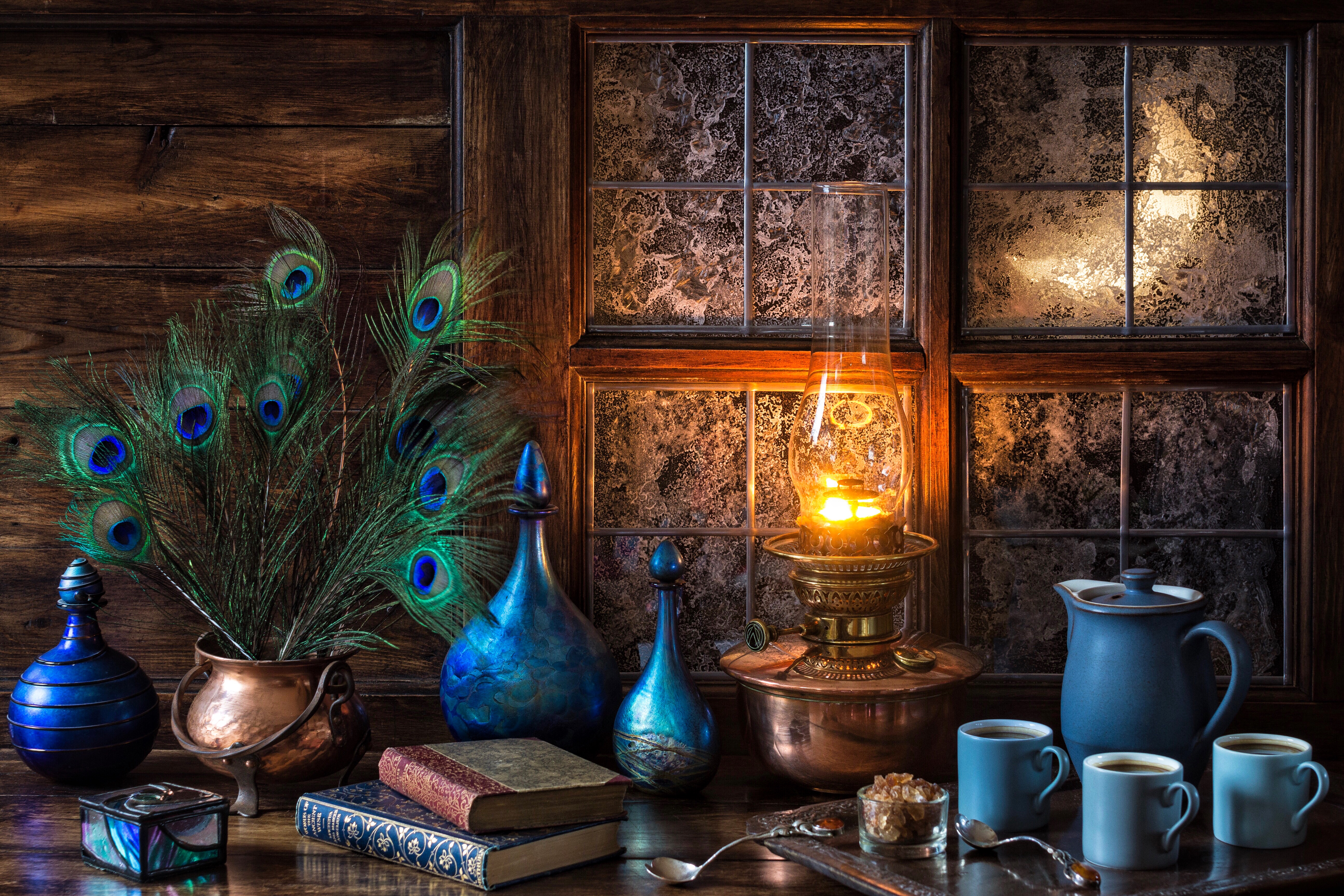 Download mobile wallpaper Still Life, Feather, Lamp, Window, Vase, Book, Peacock, Photography for free.