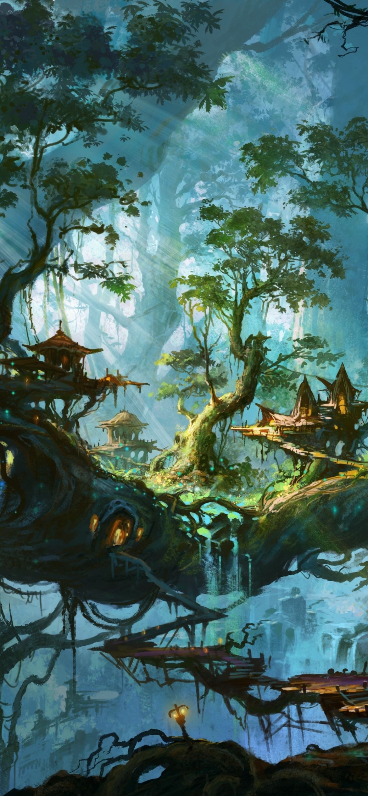 Download mobile wallpaper Fantasy, Forest, Tree, Village for free.