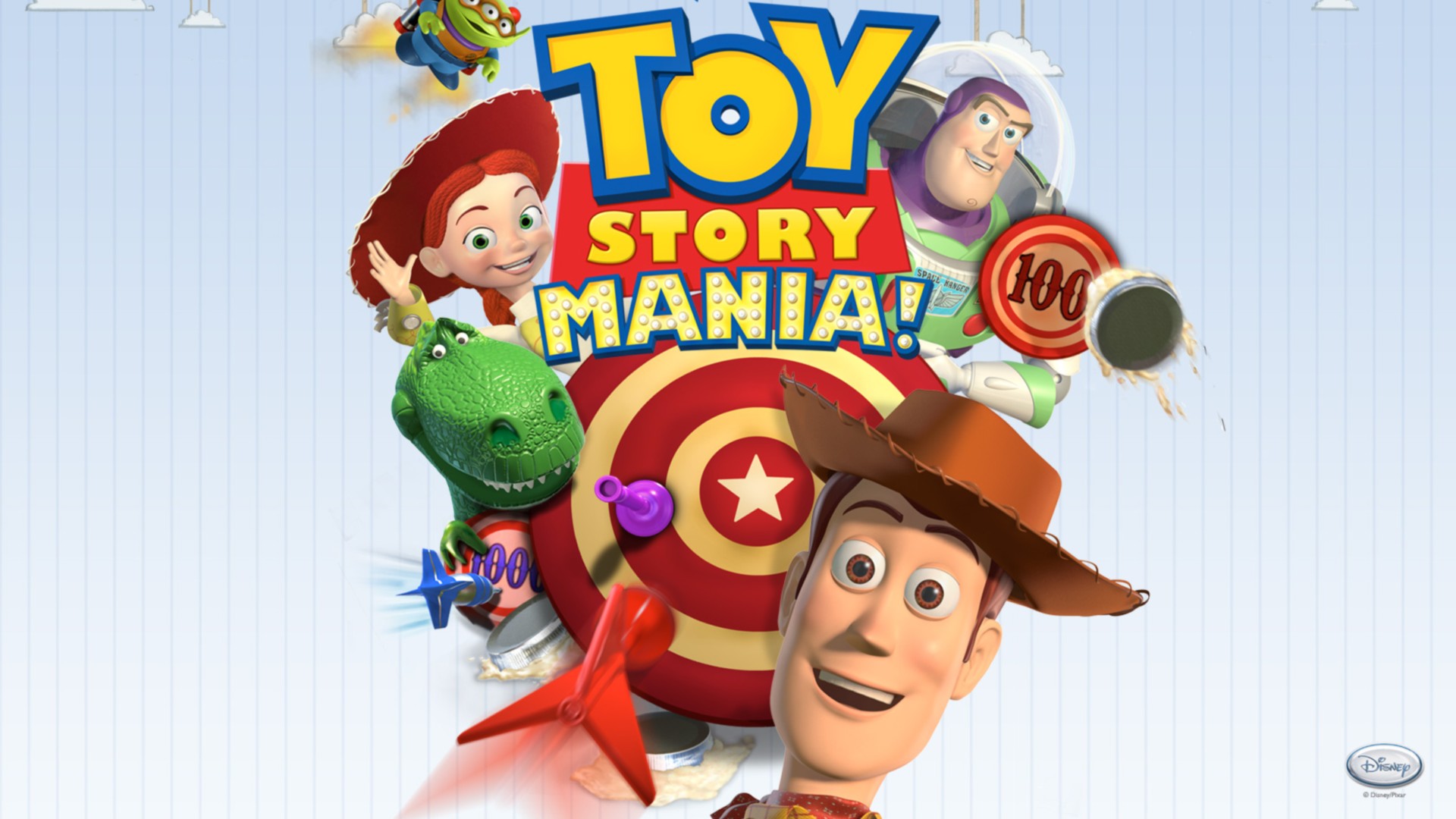 aliens (toy story), video game, toy story mania!, buzz lightyear, jessie (toy story), rex (toy story), woody (toy story), toy story