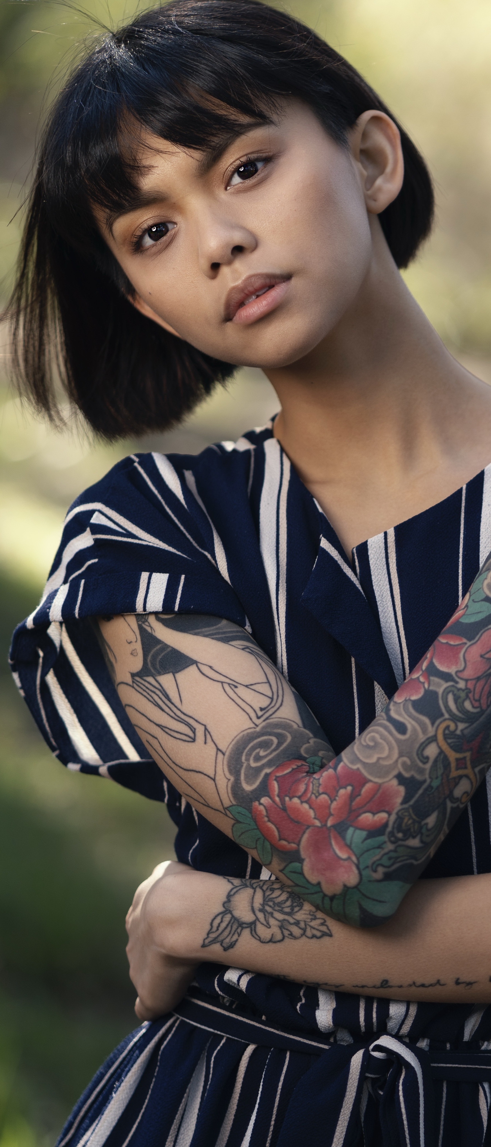 Download mobile wallpaper Tattoo, Model, Women, Brown Eyes, Black Hair, Short Hair for free.