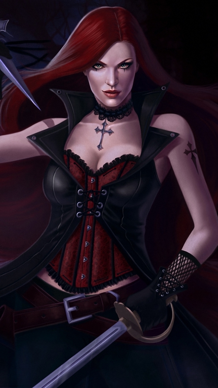 Download mobile wallpaper Fantasy, Gothic, Dark, Sword, Cross, Belt, Dagger, Red Hair, Women Warrior for free.