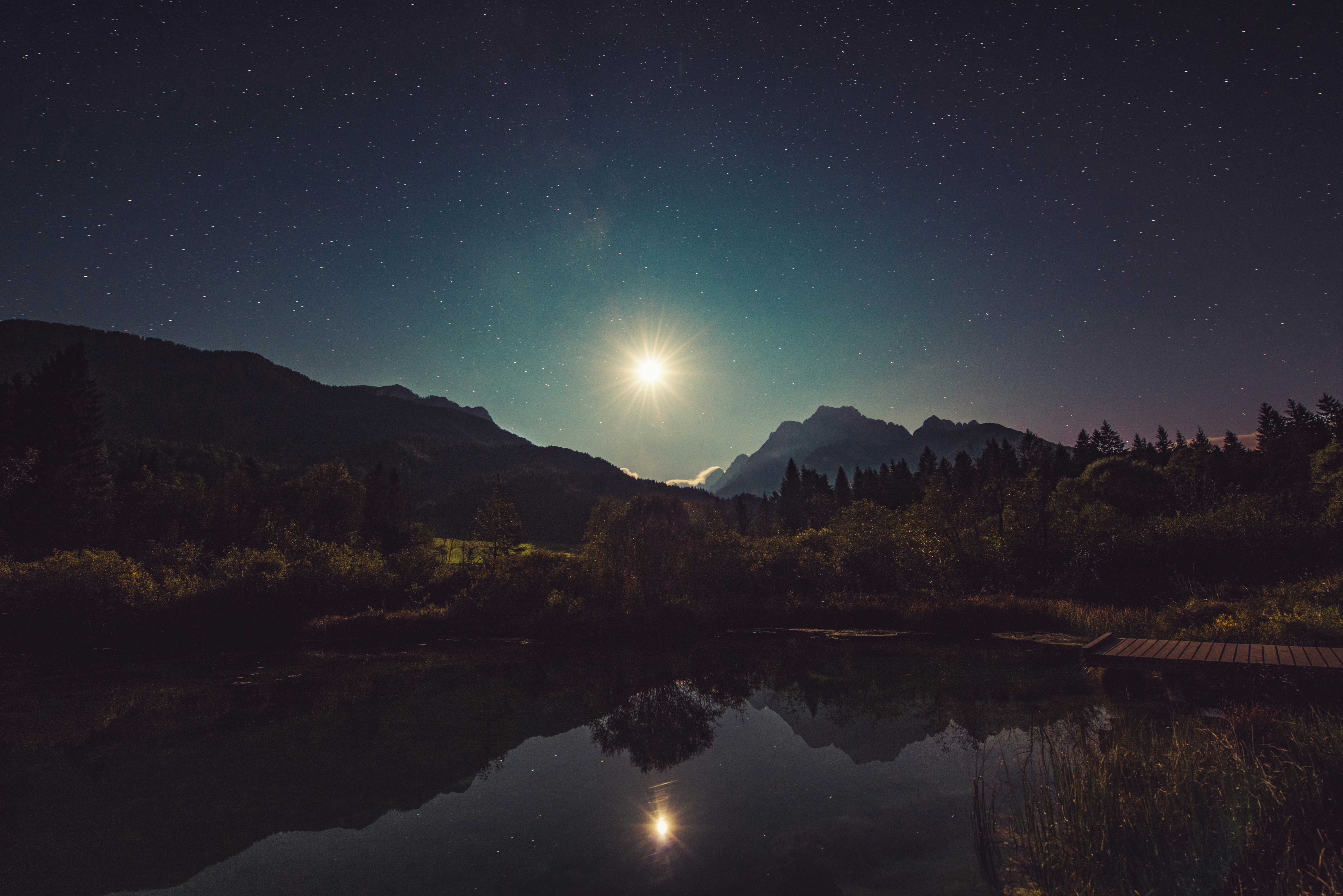Free download wallpaper Starry Sky, Nature, Trees, Mountains, Lake on your PC desktop