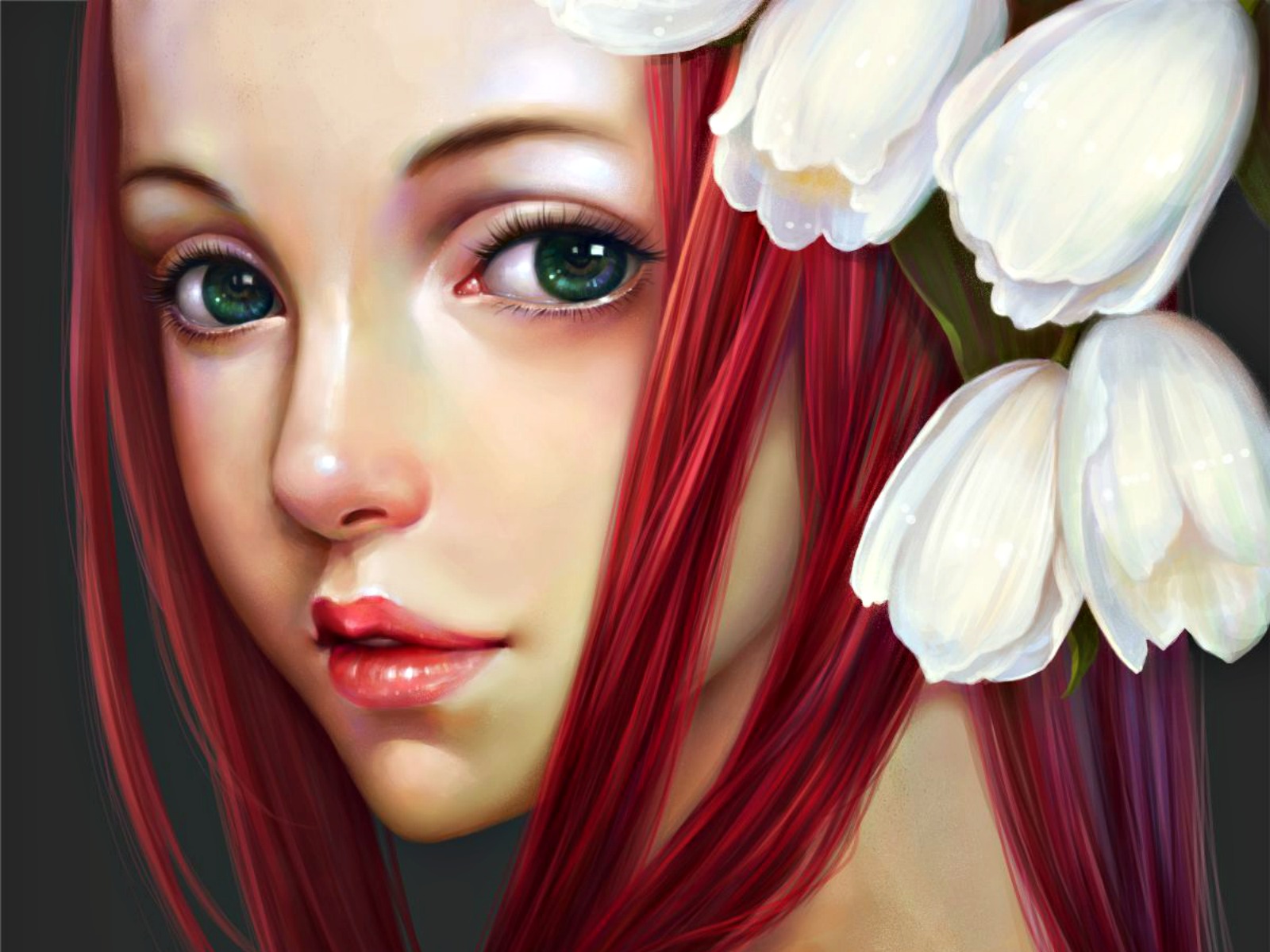 Descarga gratuita de fondo de pantalla para móvil de Fantasía, Flor, Tulipán, Mujeres, Ojos Verdes, Cabello Rojo.