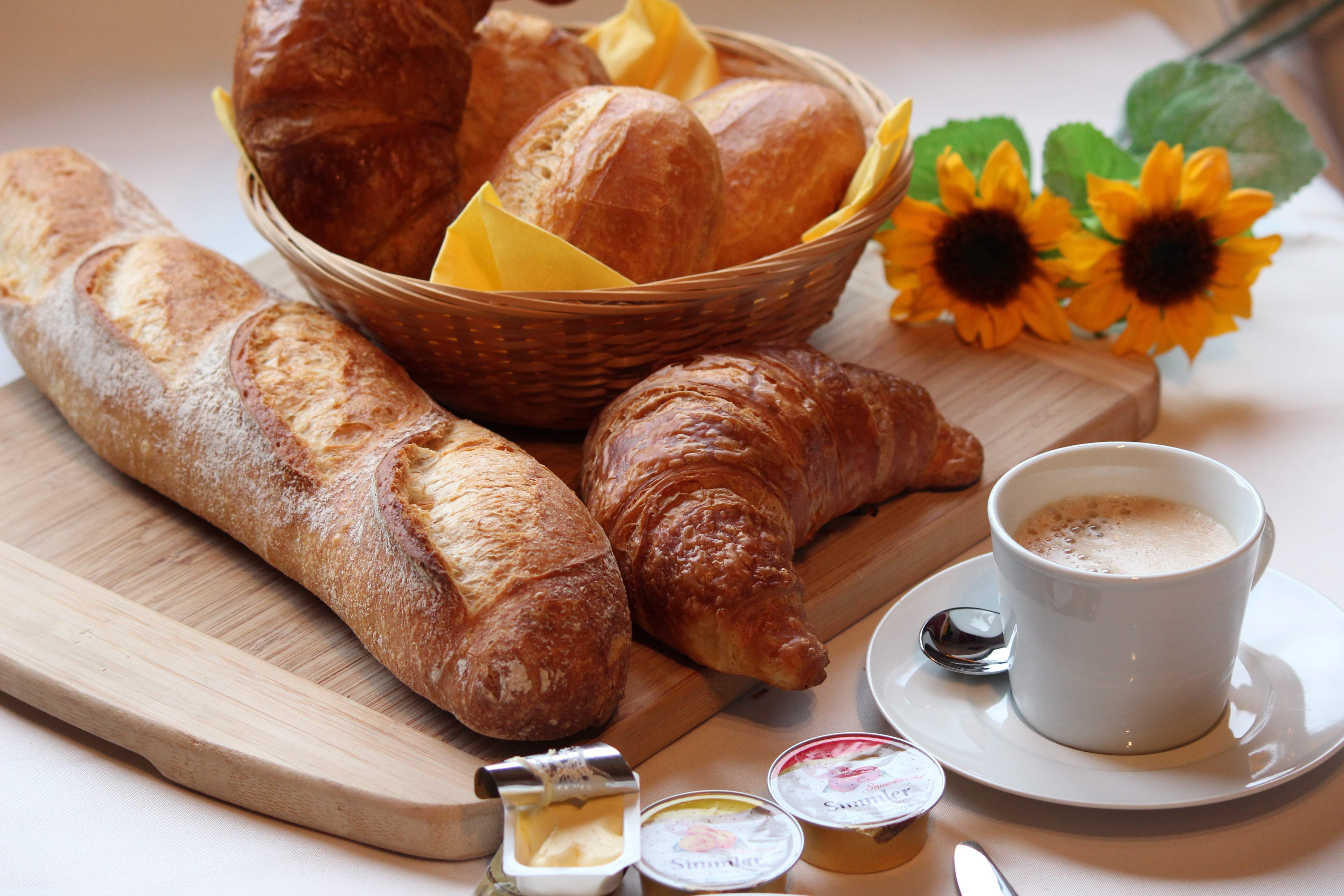 Free download wallpaper Food, Coffee, Cup, Sunflower, Bread, Breakfast, Croissant on your PC desktop