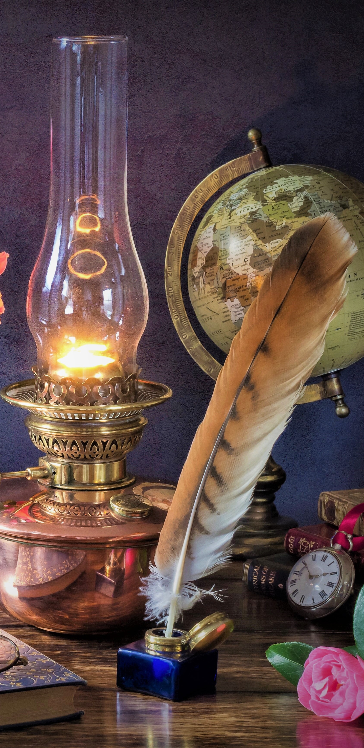 Download mobile wallpaper Still Life, Pocket Watch, Photography, Globe, Oil Lamp, Quill for free.