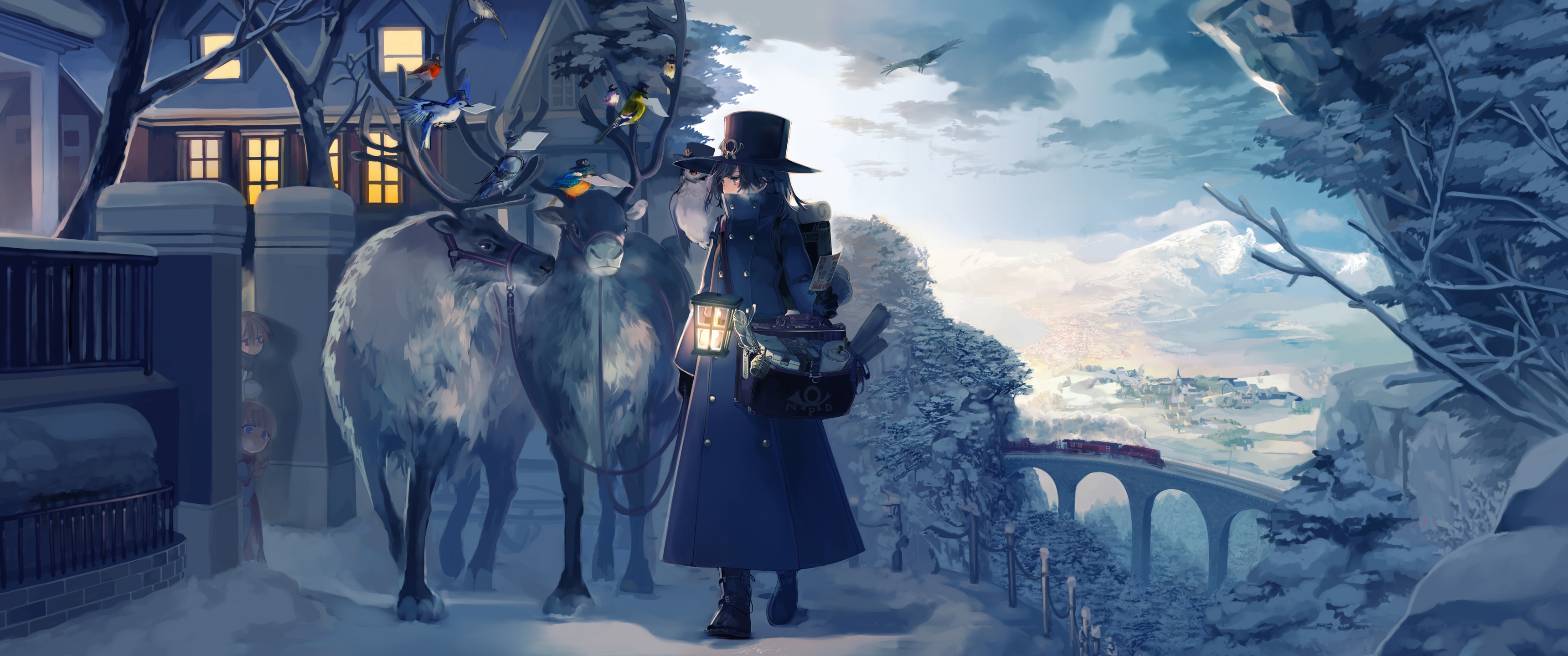 Laden Sie das Winter, Schnee, Laterne, Original, Animes, Rentier-Bild kostenlos auf Ihren PC-Desktop herunter