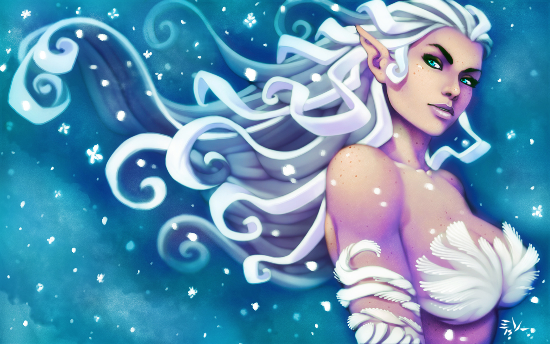 Free download wallpaper Fantasy, Elf, Snowfall, Green Eyes, White Hair on your PC desktop