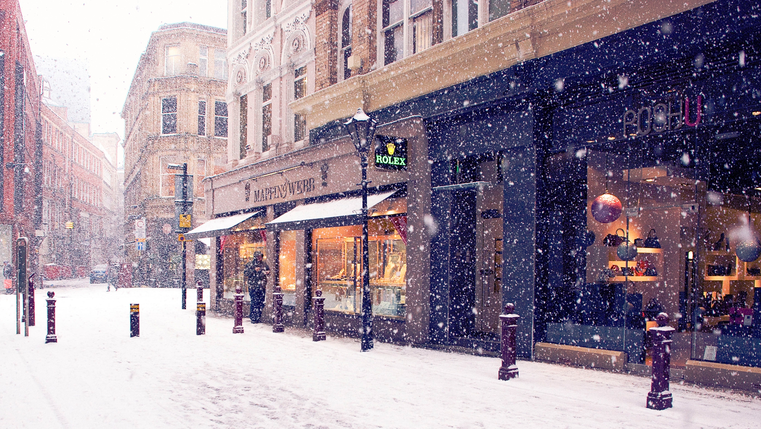 europe, winter, cities, city, snow, street, shops
