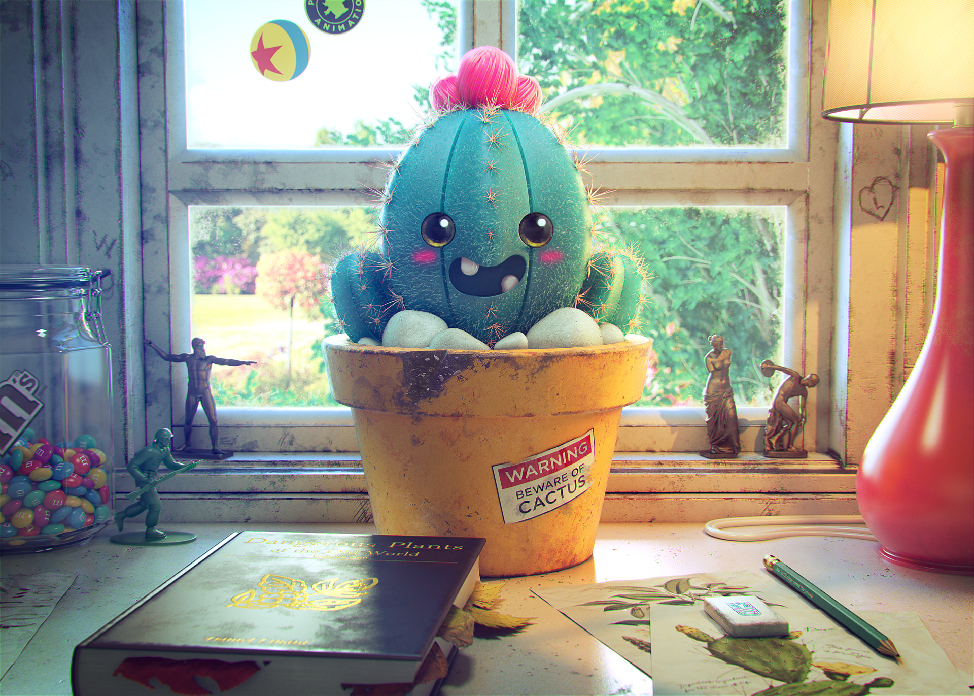 Download mobile wallpaper 3D, Toy, Lamp, Window, Book, Cactus, Pencil, Artistic, 3D Art for free.