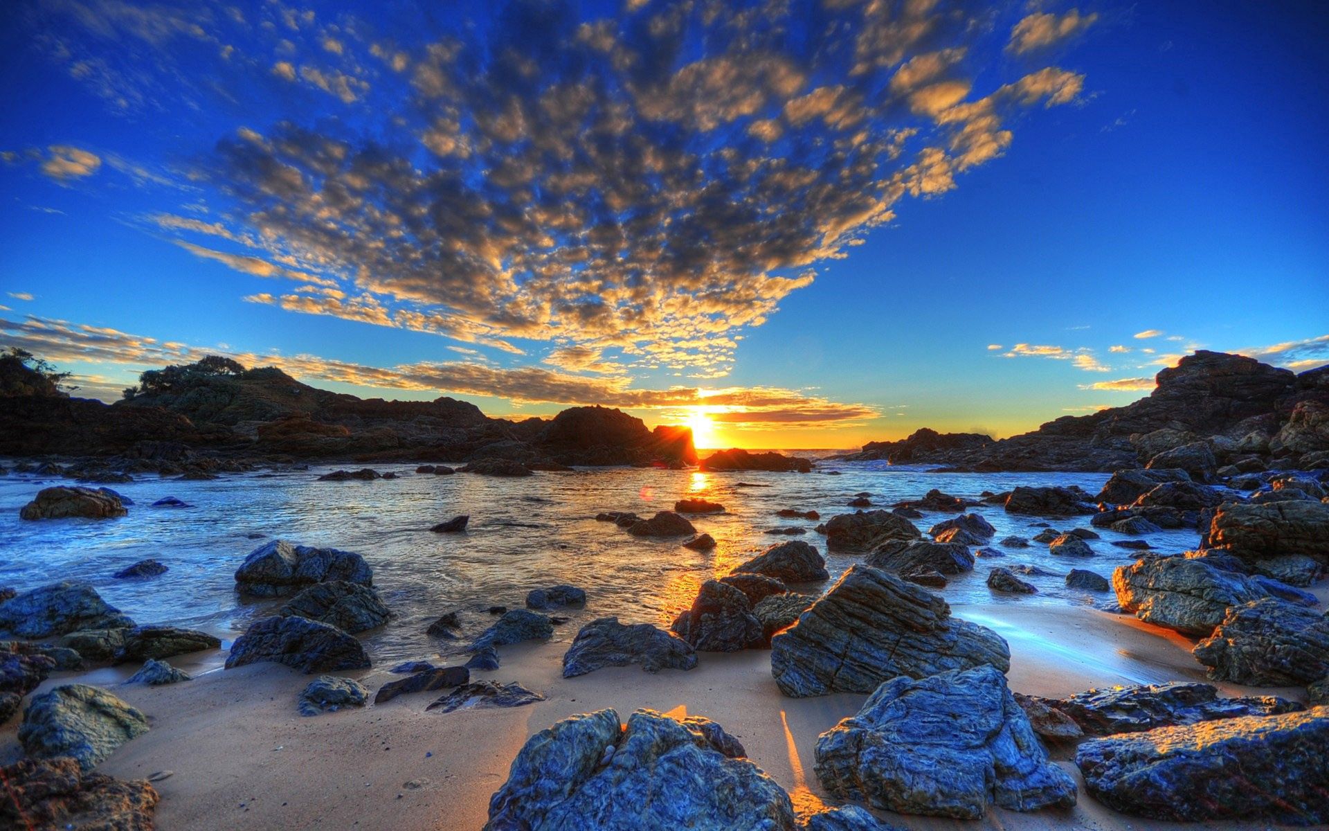 hdr, stones, evening, sea, sunset, nature, sky, sun, clouds, beach, shore, bank Full HD